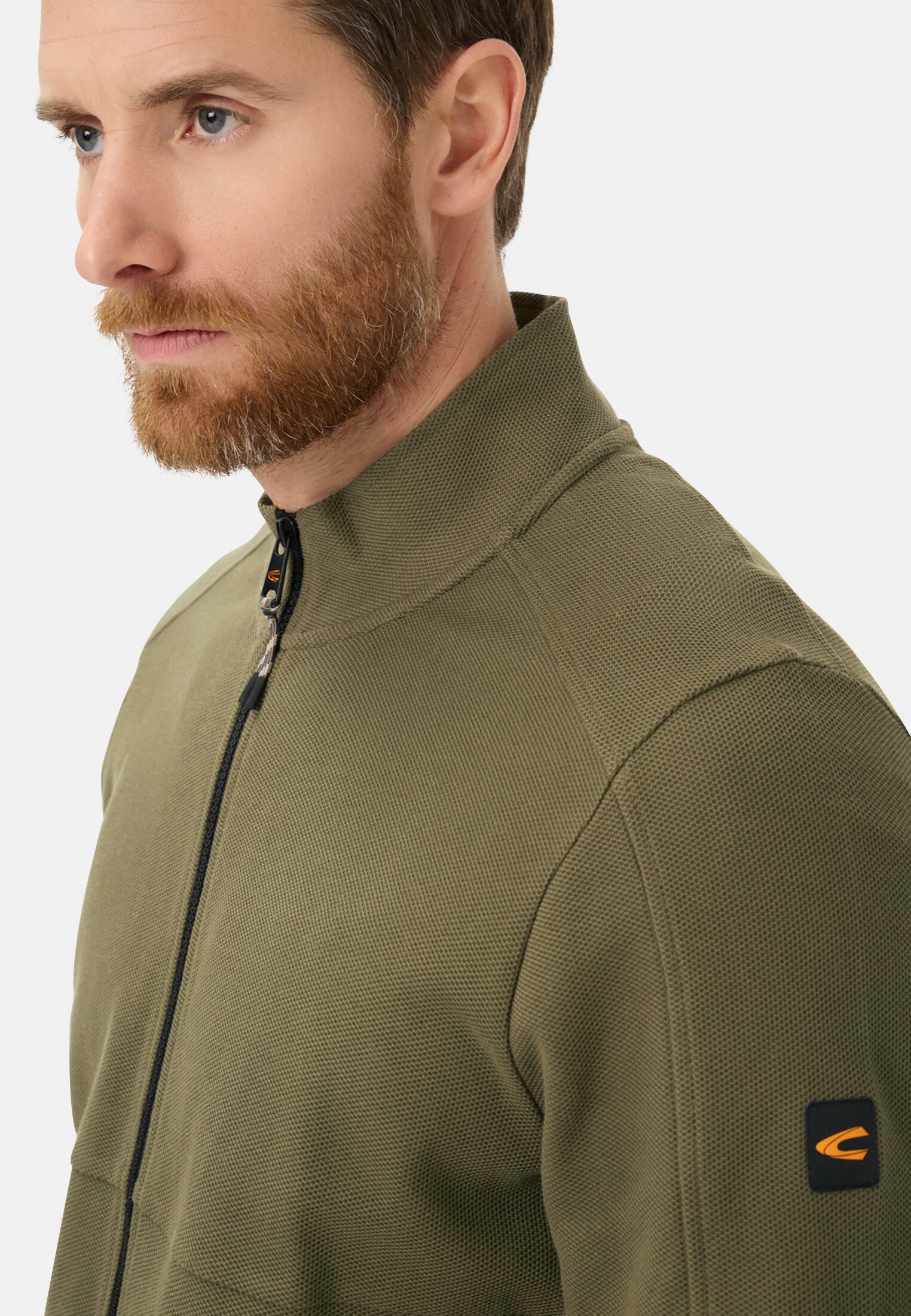 Heren Sweatvest met verstelbare trekkoord Olijfgroen gedragen detail dichtbij