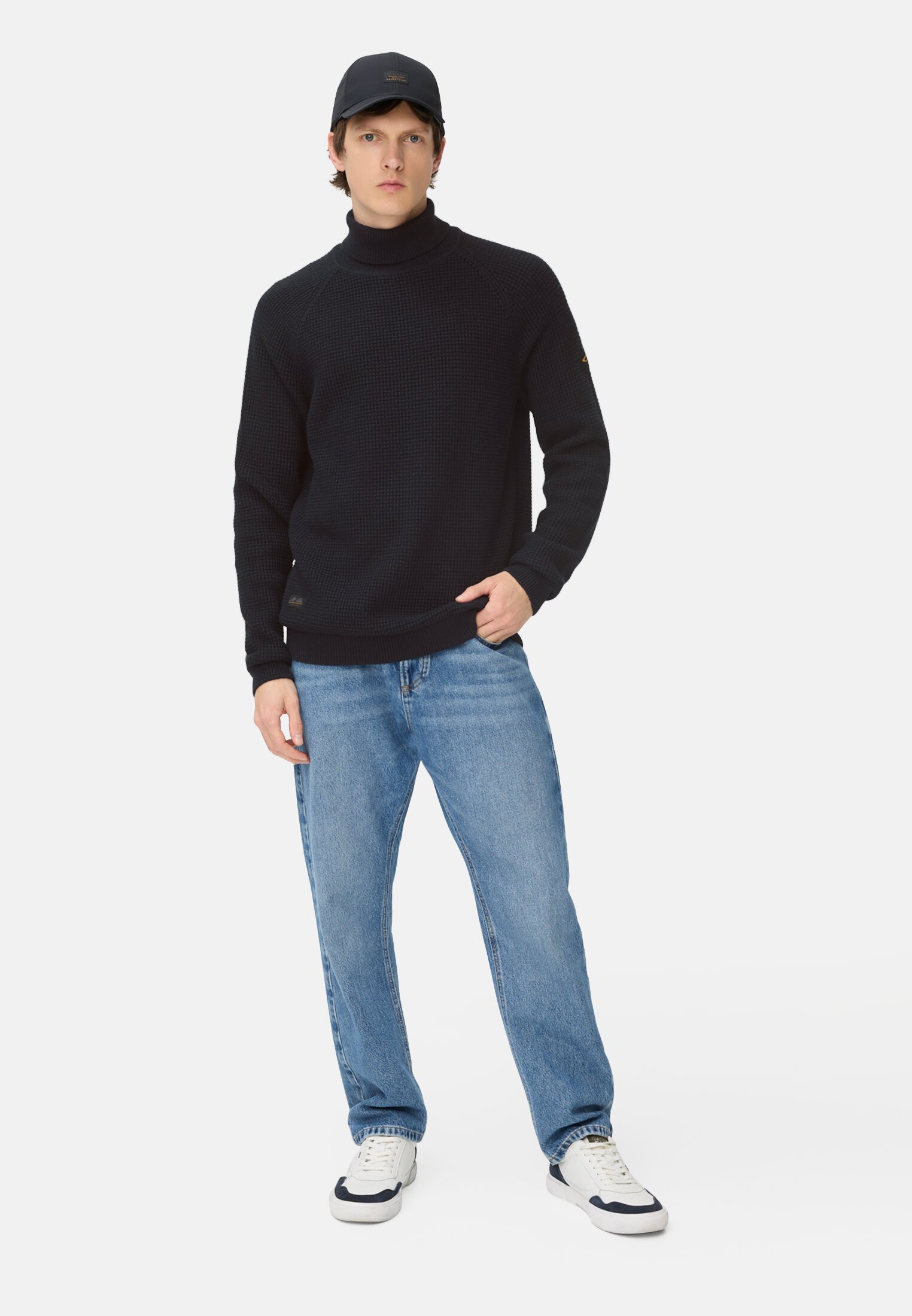 Men Knitted sweater with stand-up collar Navy blue worn front full body