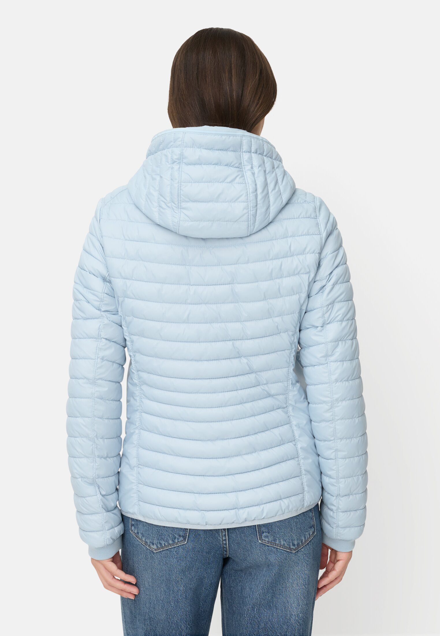 Damen Winddichte Steppjacke mit 2-Wege Reißverschluss Hellblau getragen hinten
