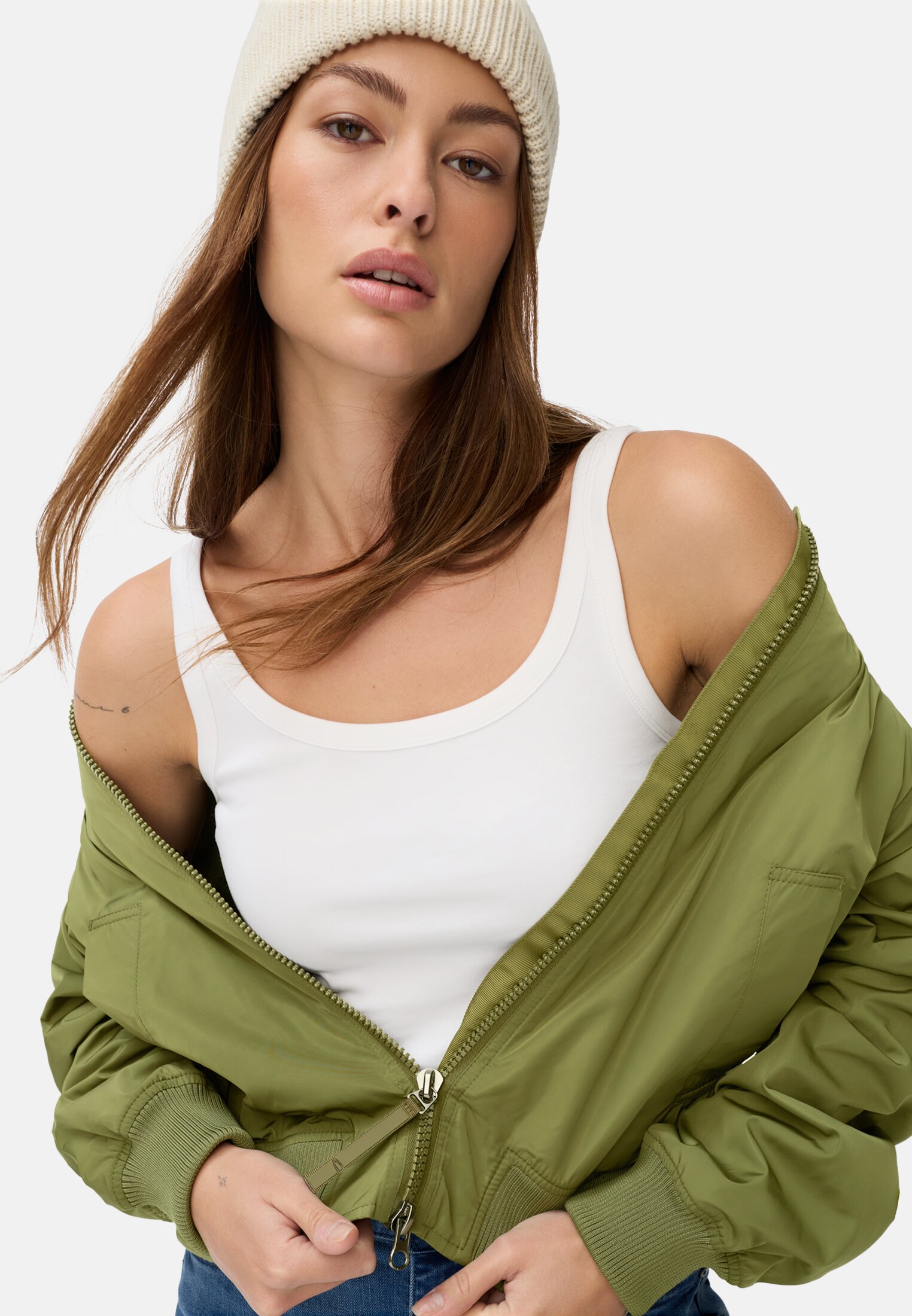 Women Bomber jacket with 2-way zipper Olive worn emotional