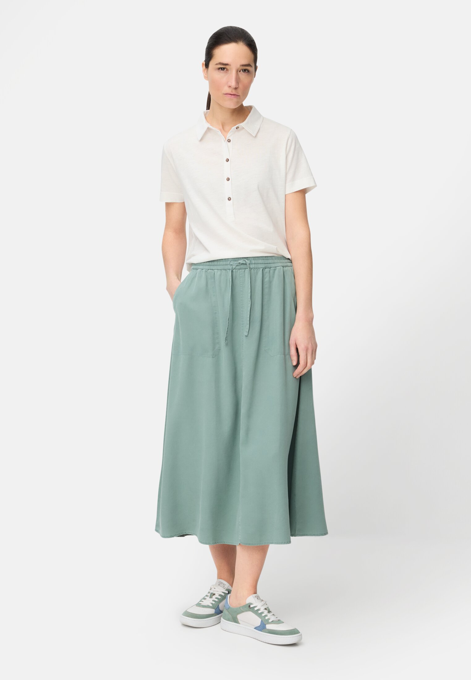 Women Polo shirt with button placket Milk White worn front full body