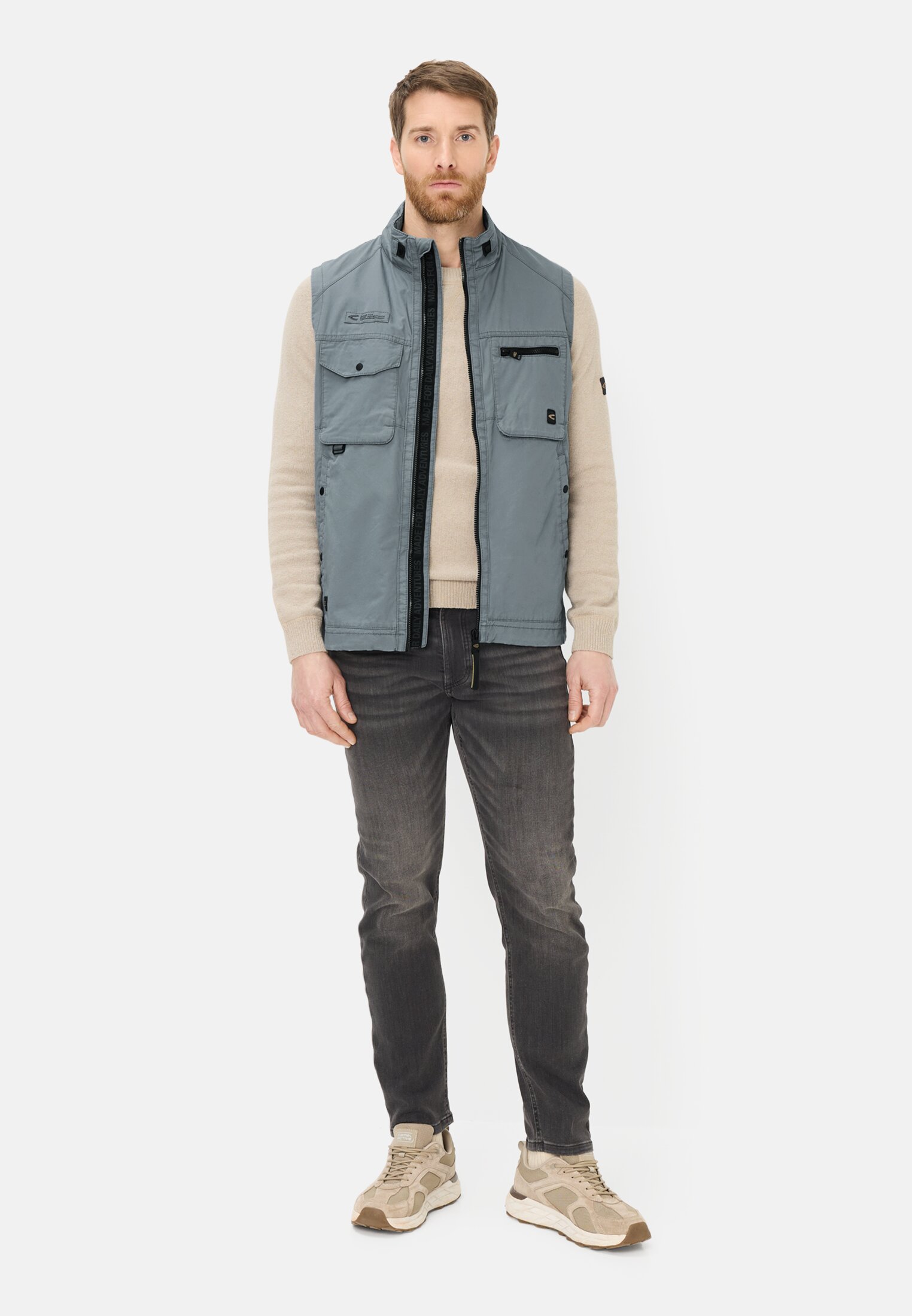 Men Outdoor vest with inner pockets Storm Blue worn front full body