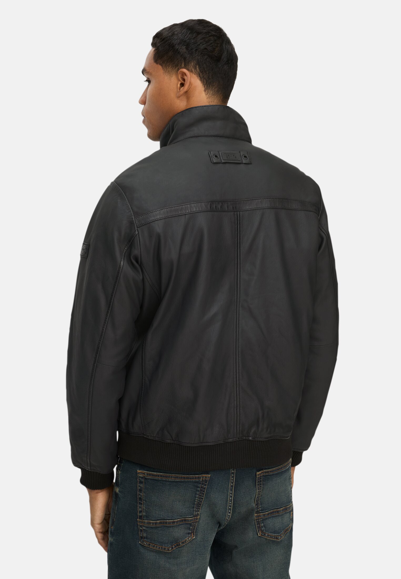 Men Leather jacket with stand-up collar Black worn back