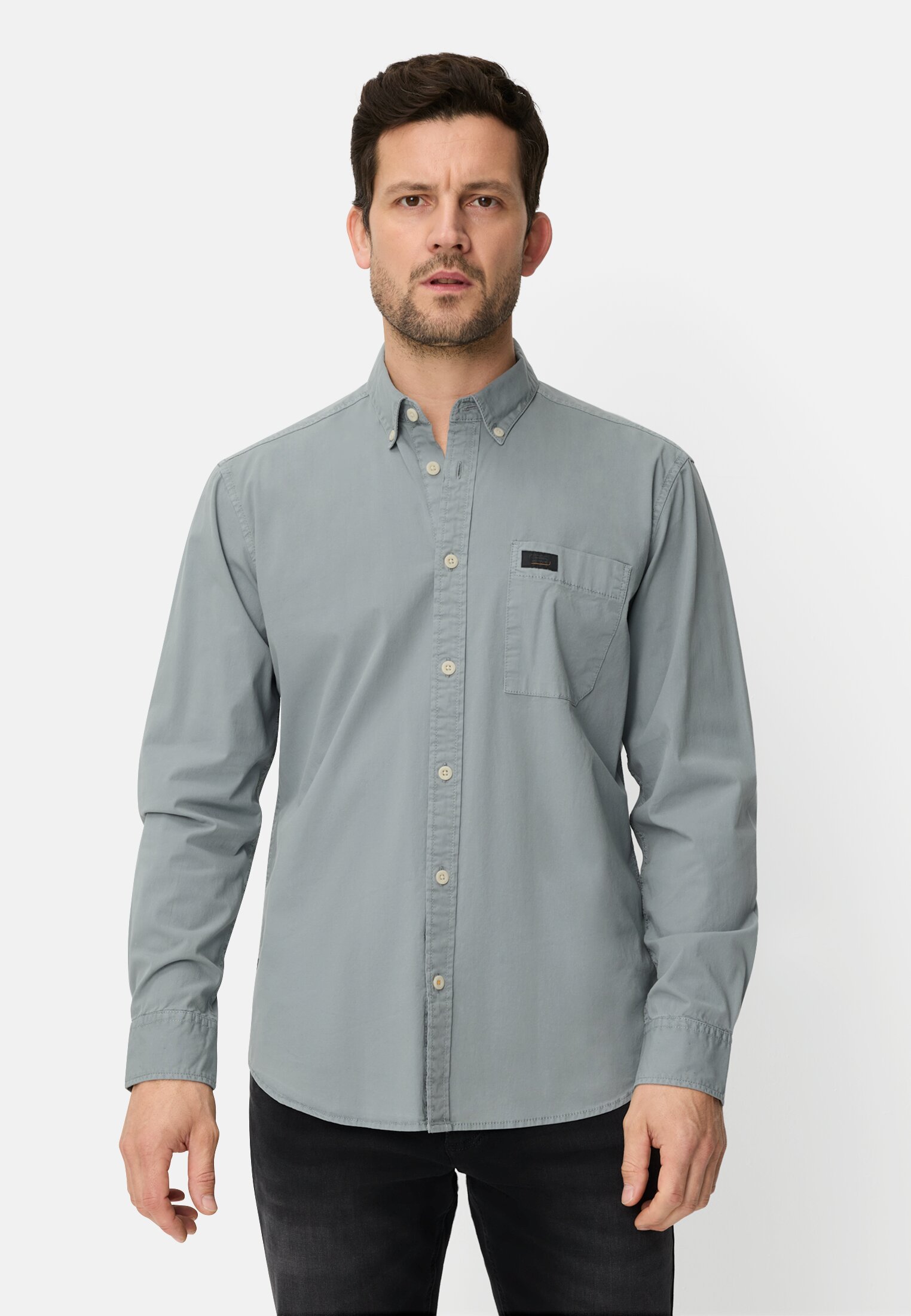 Men Long-sleeve shirt with button-down collar Stone blue worn front