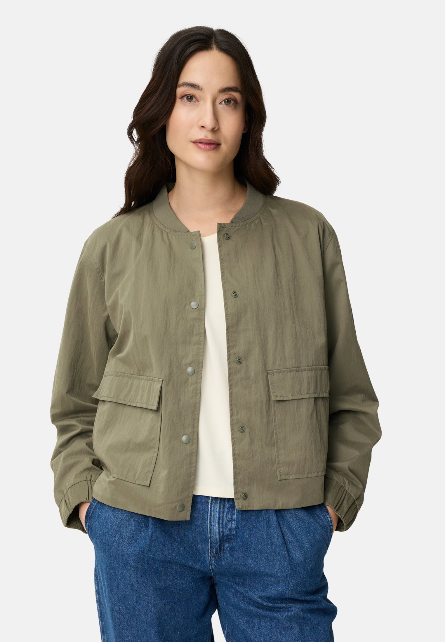 Women Indoor jacket with bomber collar Dark Green worn front
