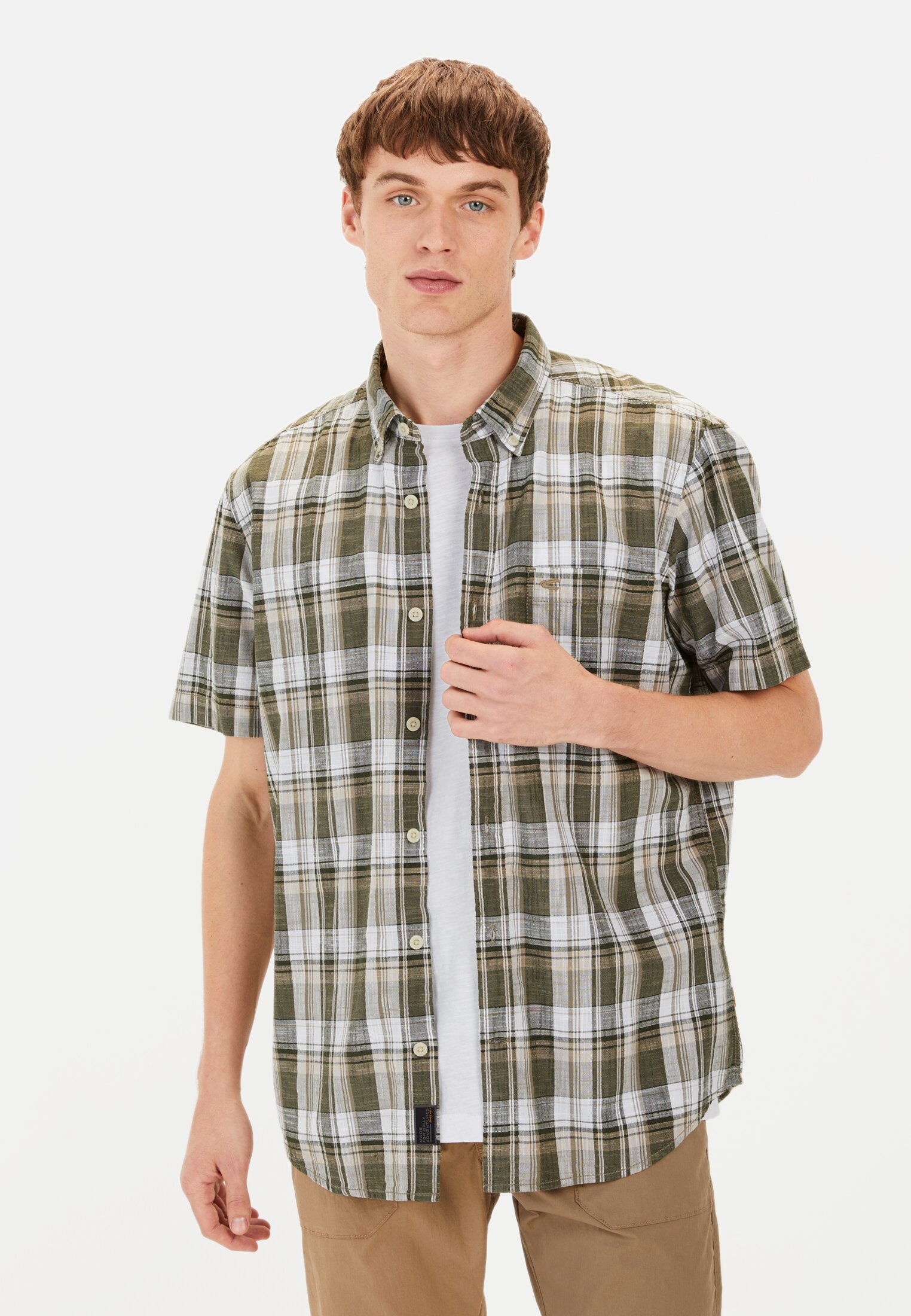 Men Short-sleeve checked shirt made of pure cotton Green-Brown-White worn front