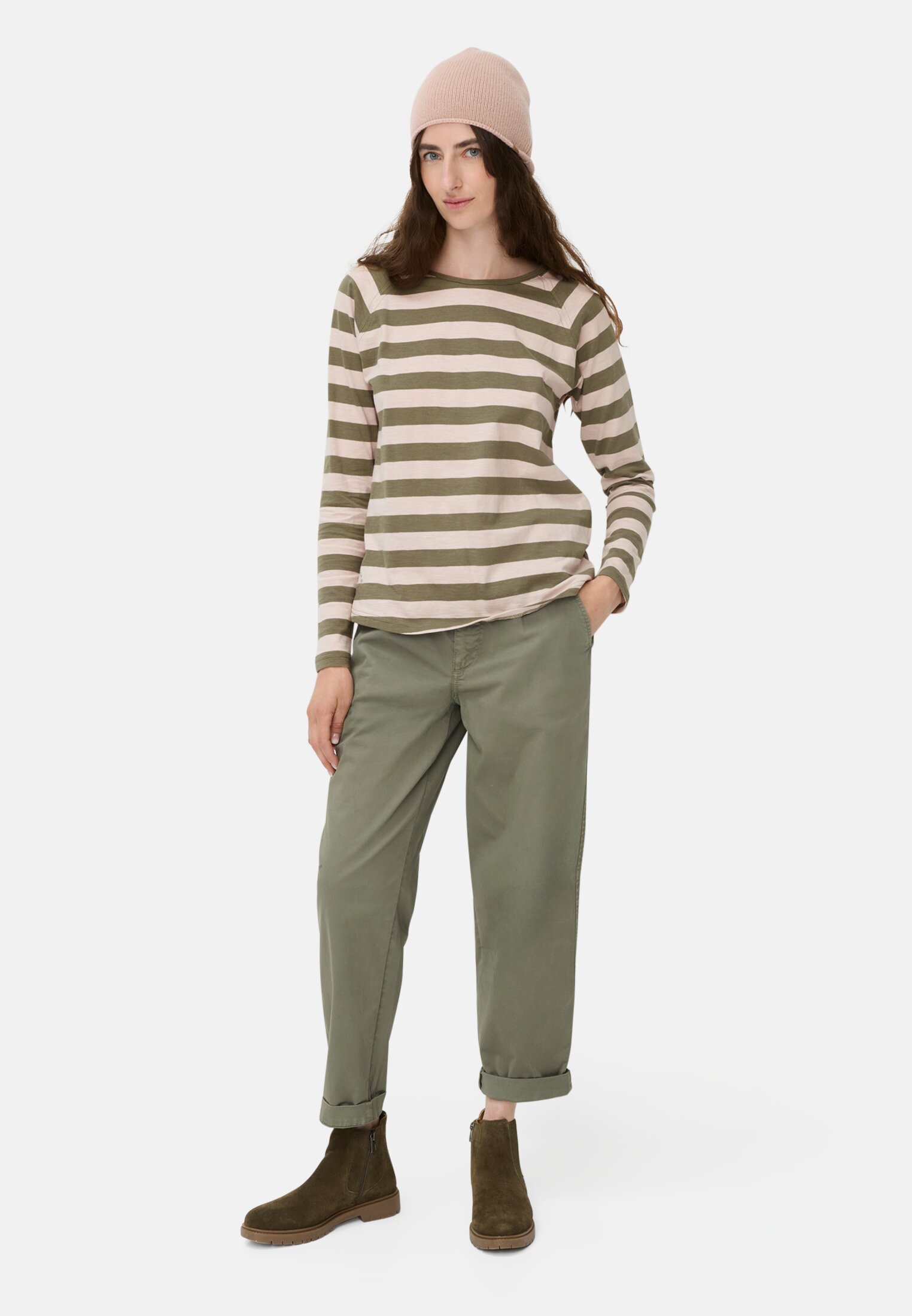 Women Striped long sleeve shirt with raglan sleeves Lilac pink worn front full body