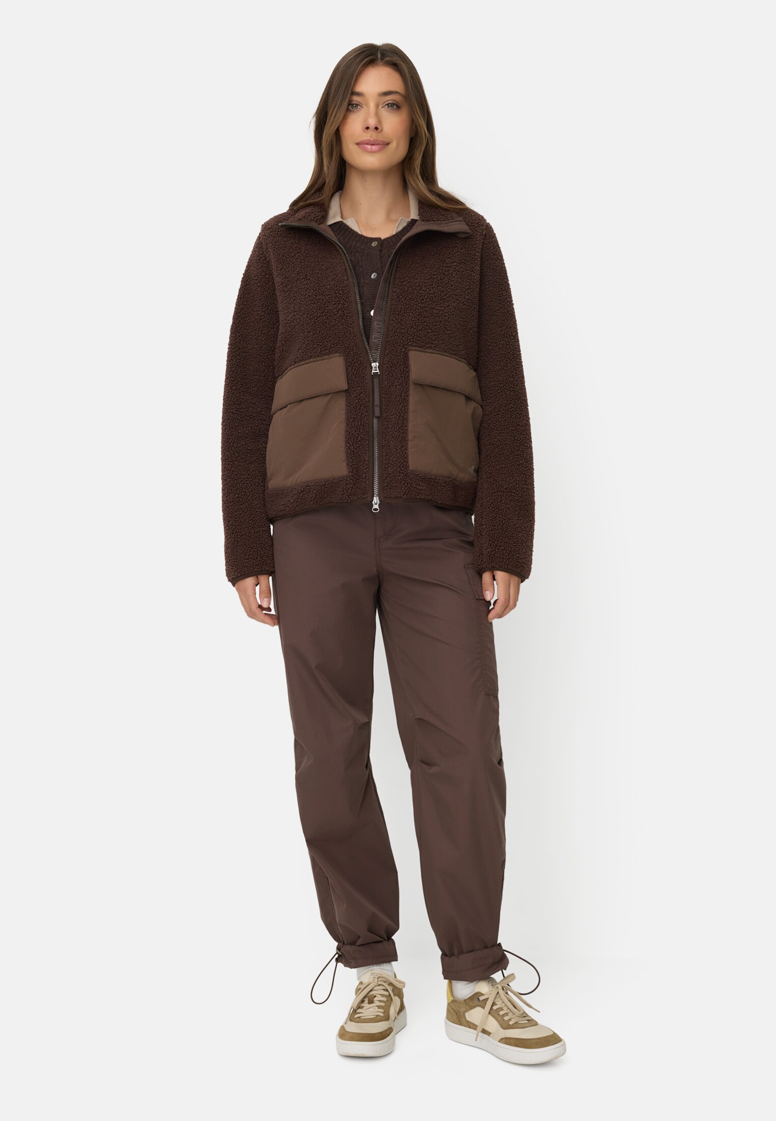 Women Teddy jacket with inside pocket Brown worn front full body