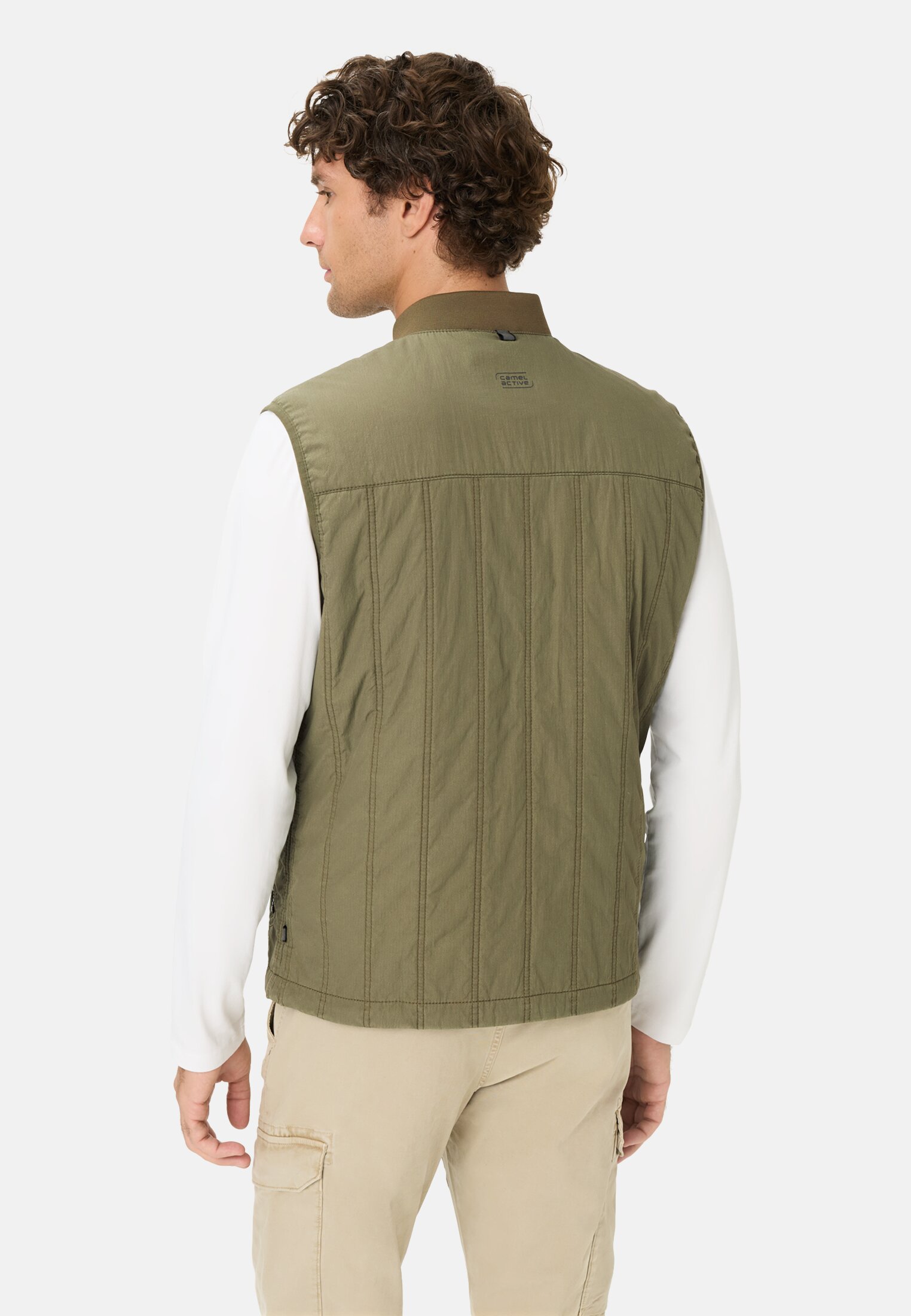 Men Quilted waistcoat with stand-up collar Olive Green worn back