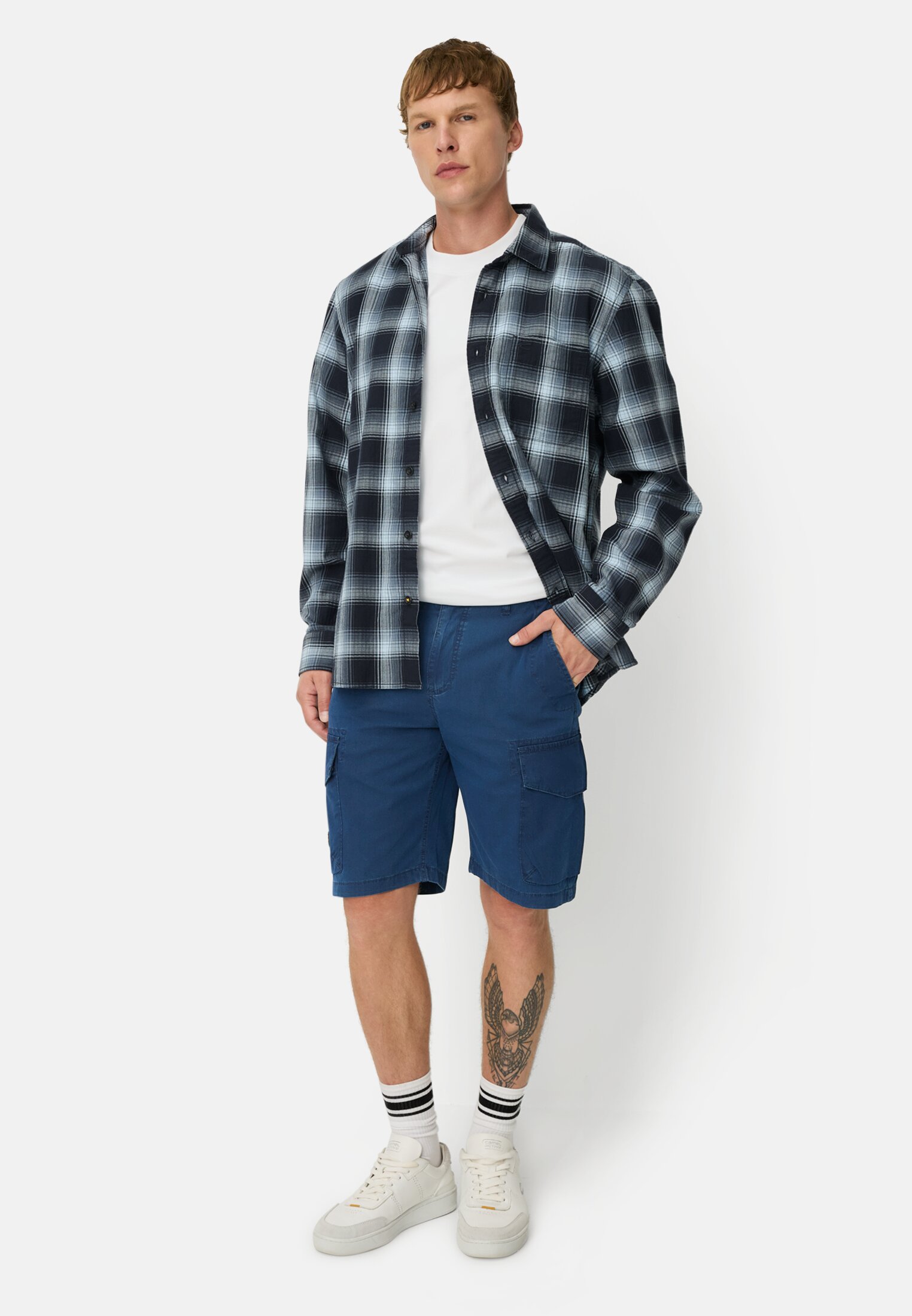 Men Cargo shorts with zipper Indigo Blue worn front full body