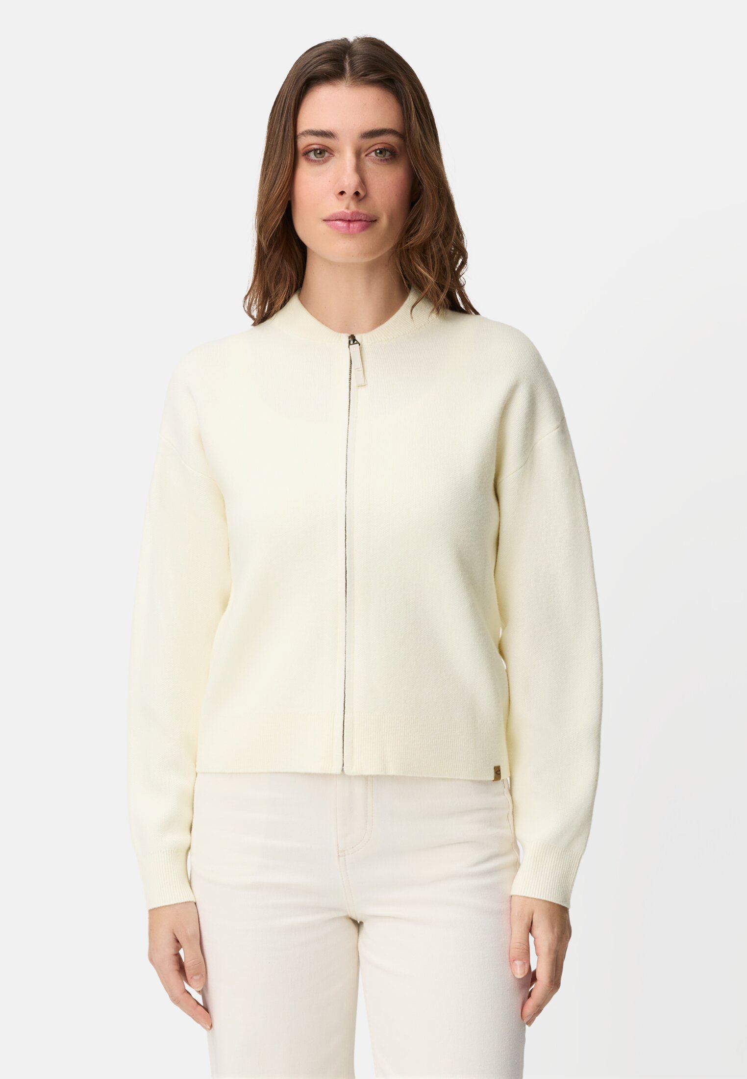 Women Bomber style cardigan Milk White worn front