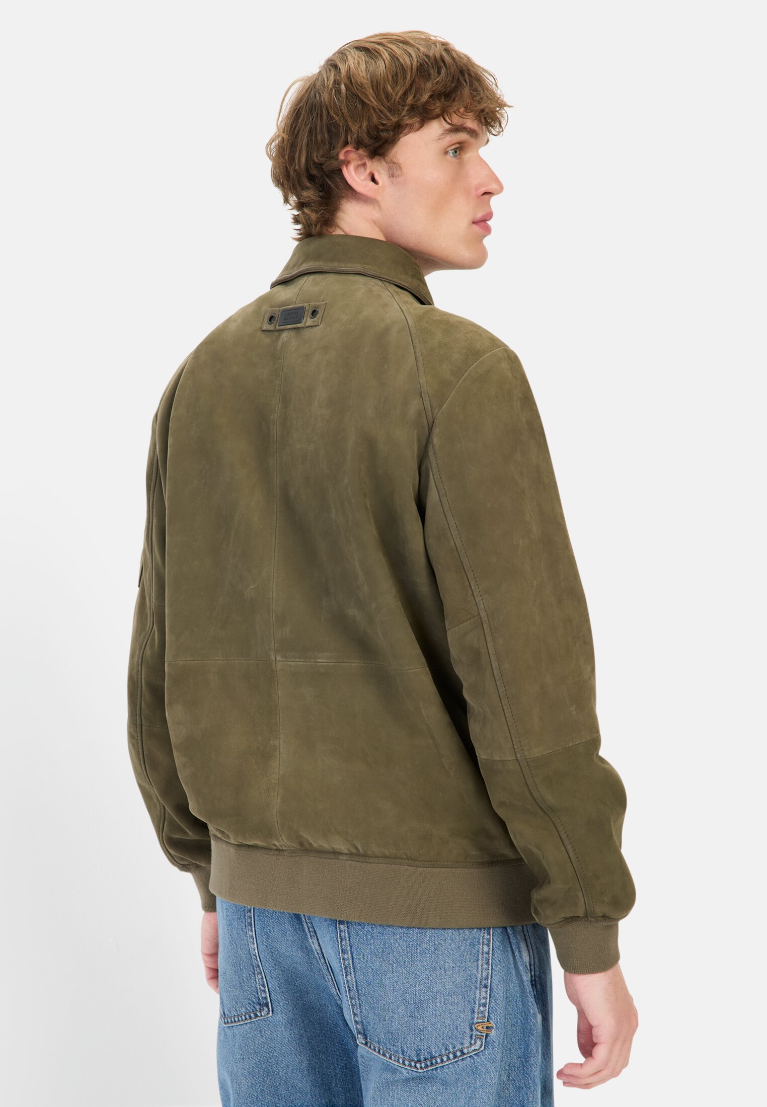 Men Leather blouson with shirt collar Dark Green worn back