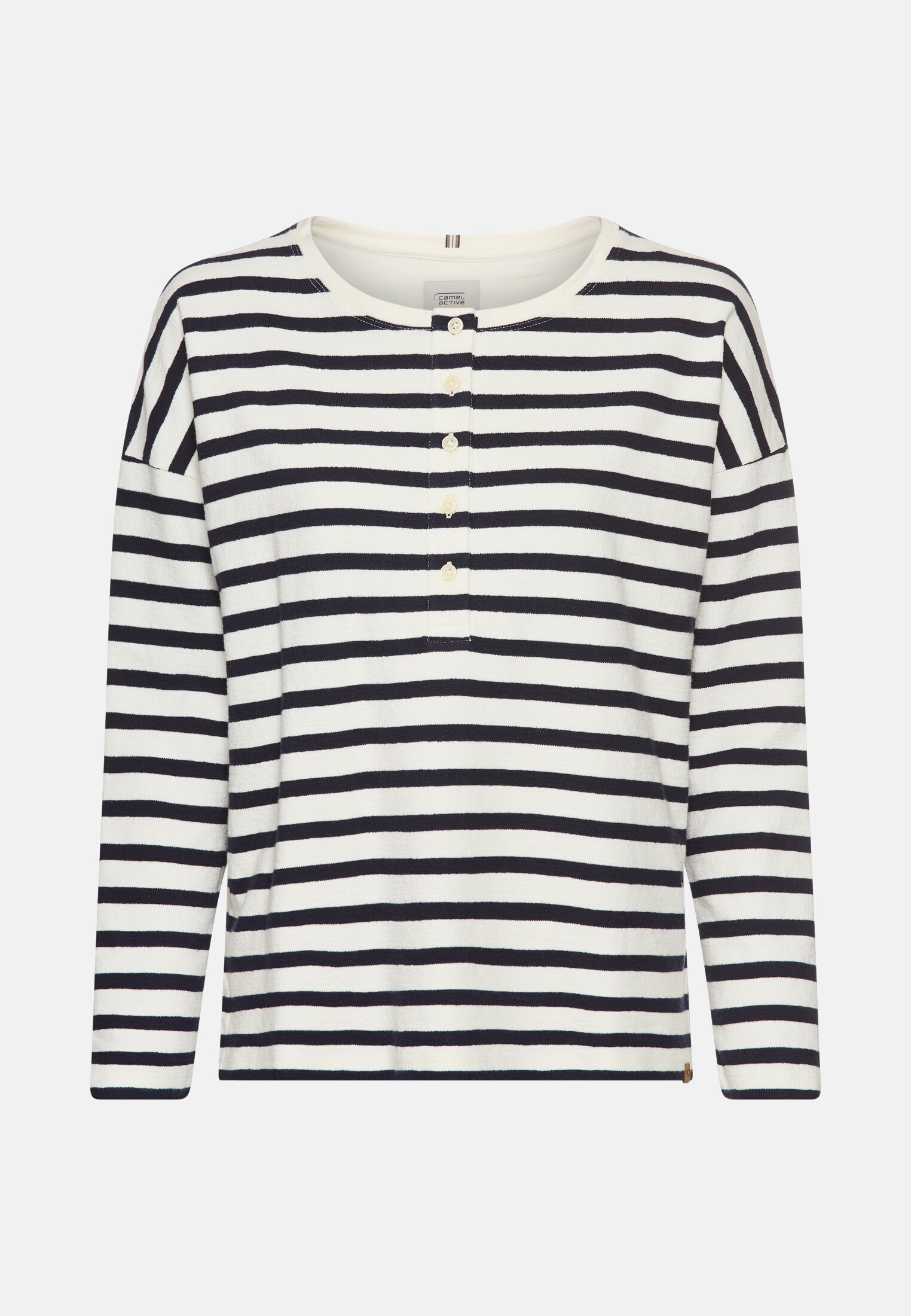 Damen Langarmshirt mit Knopfverschluss Blau gestreift frontal vorn