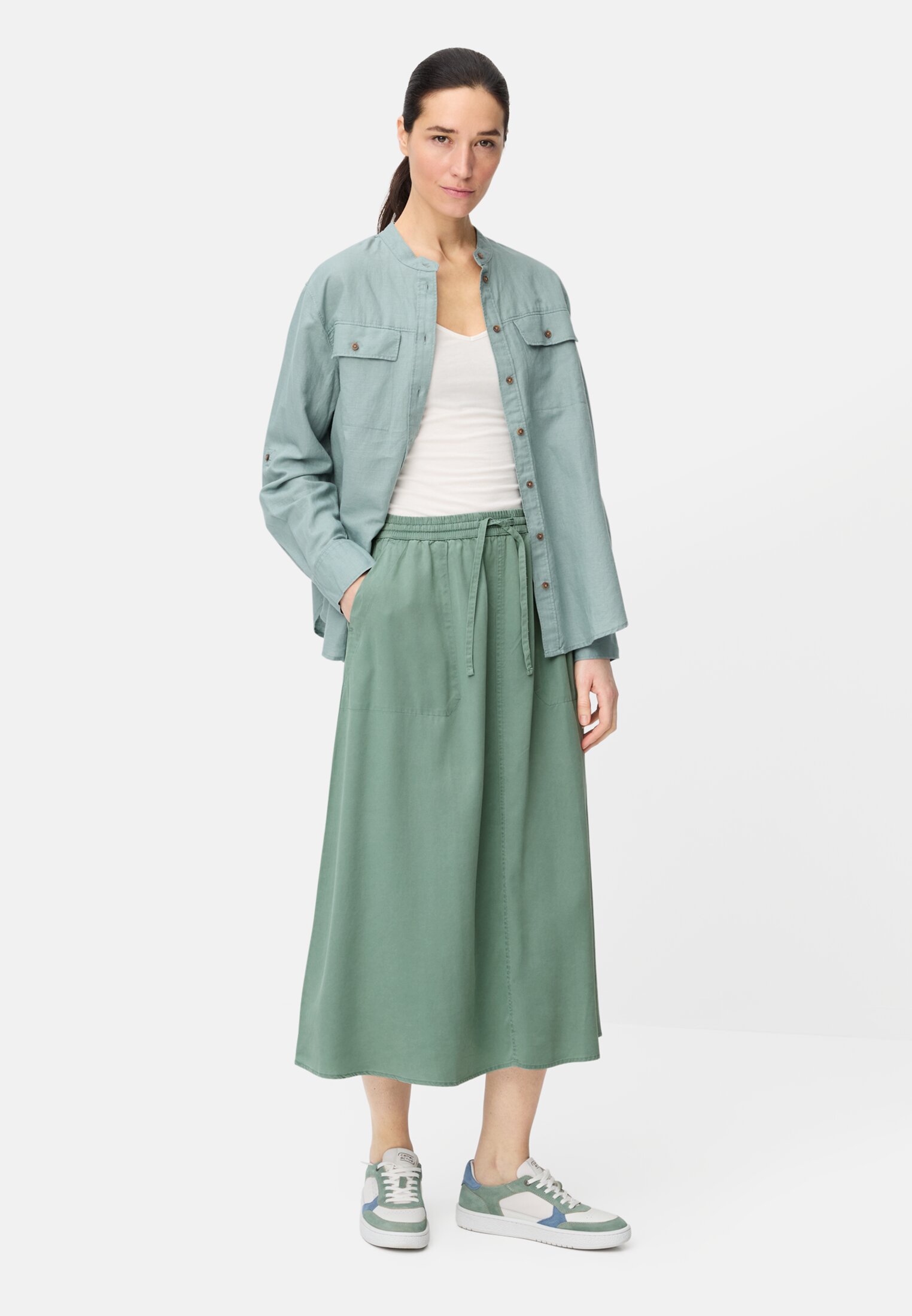 Women Skirt with drawstring Jade Blue worn front full body