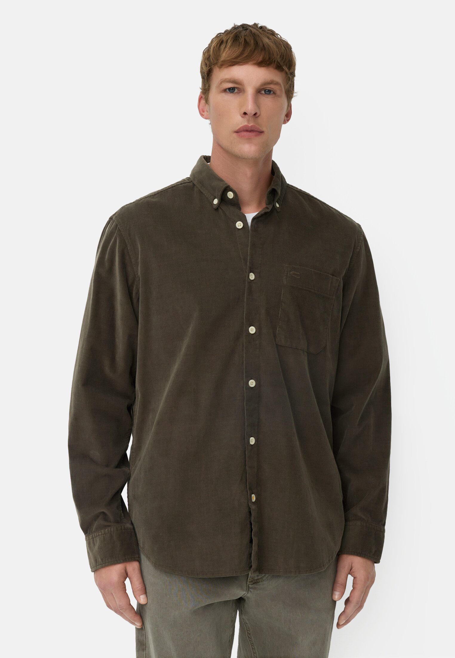 Men fleXXXactive® long-sleeve shirt with button-down collar and chest pocket Dark brown worn front