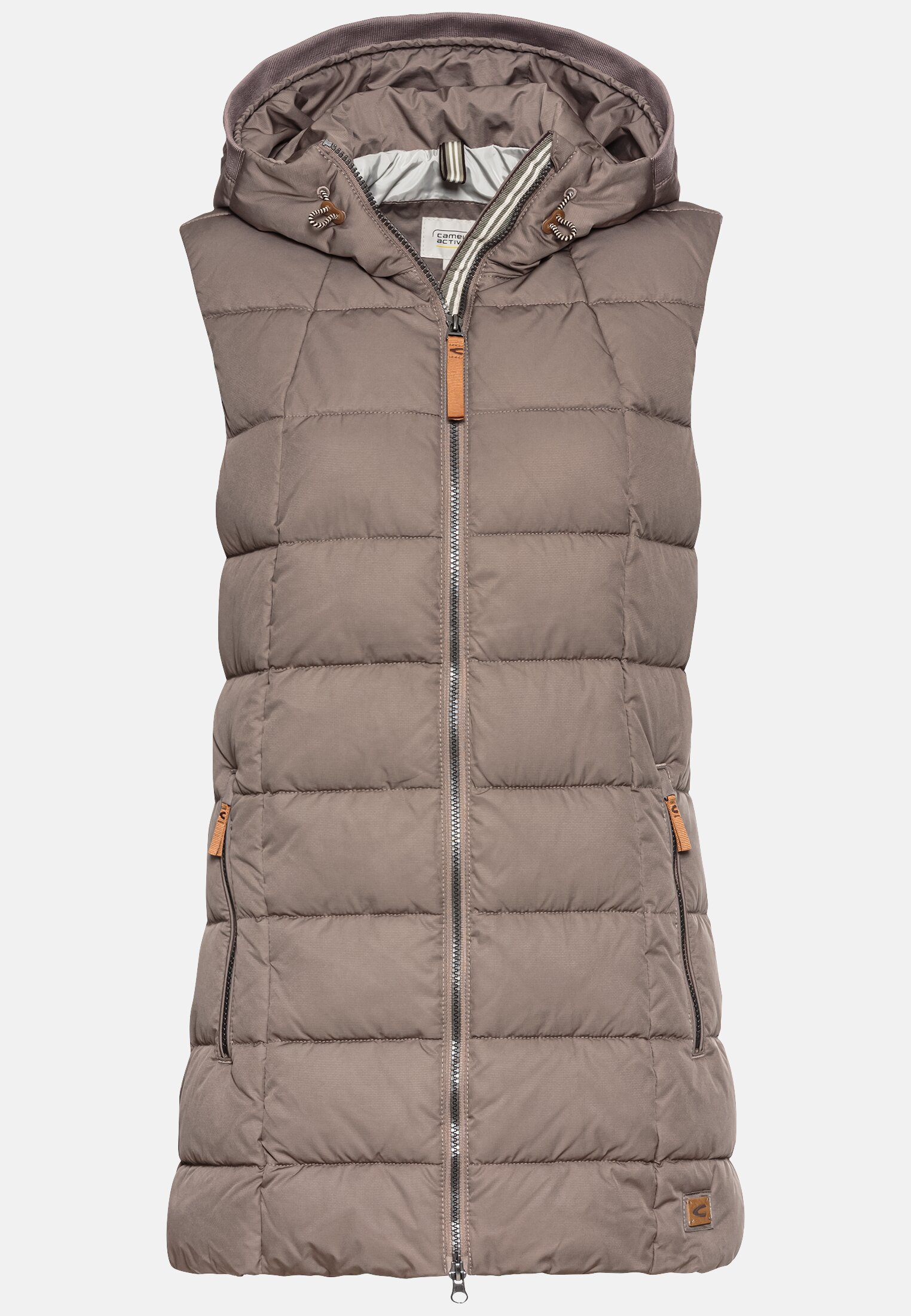 MI_360540-4F50-22_0G-00 Damen Lange Weste mit Kapuze Walnuss frontal vorn