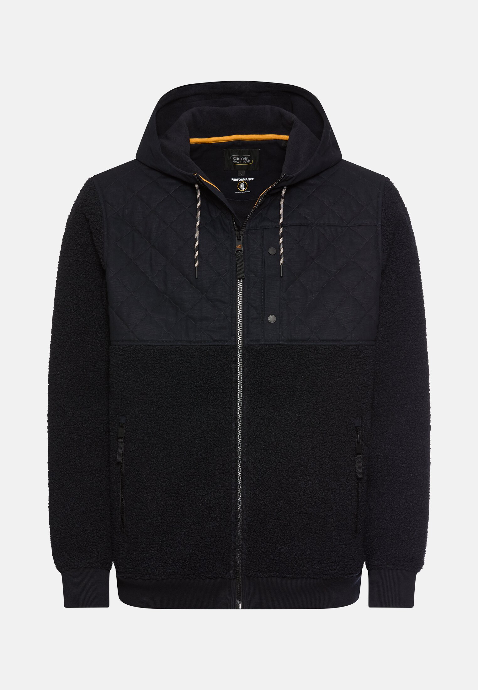 Heren Fleecevest met capuchon en zijzakken Navyblauw frontaal voor