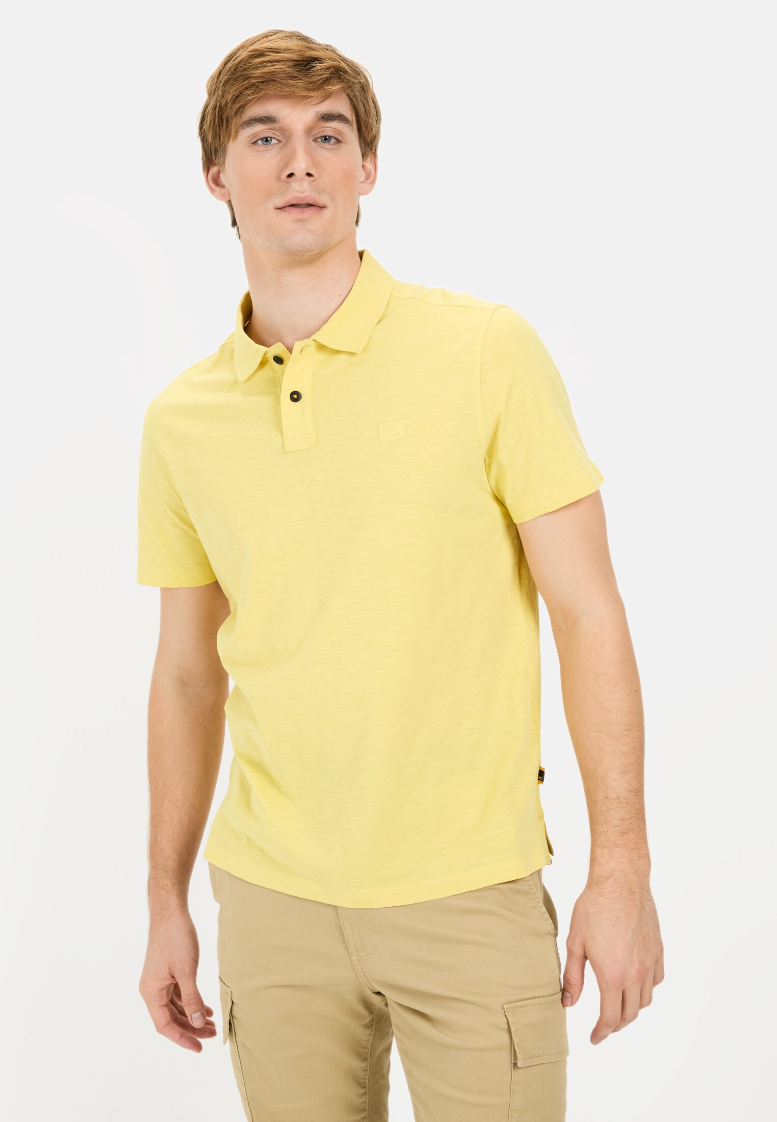 Men Short-sleeved polo shirt made from organic cotton Yellow worn front