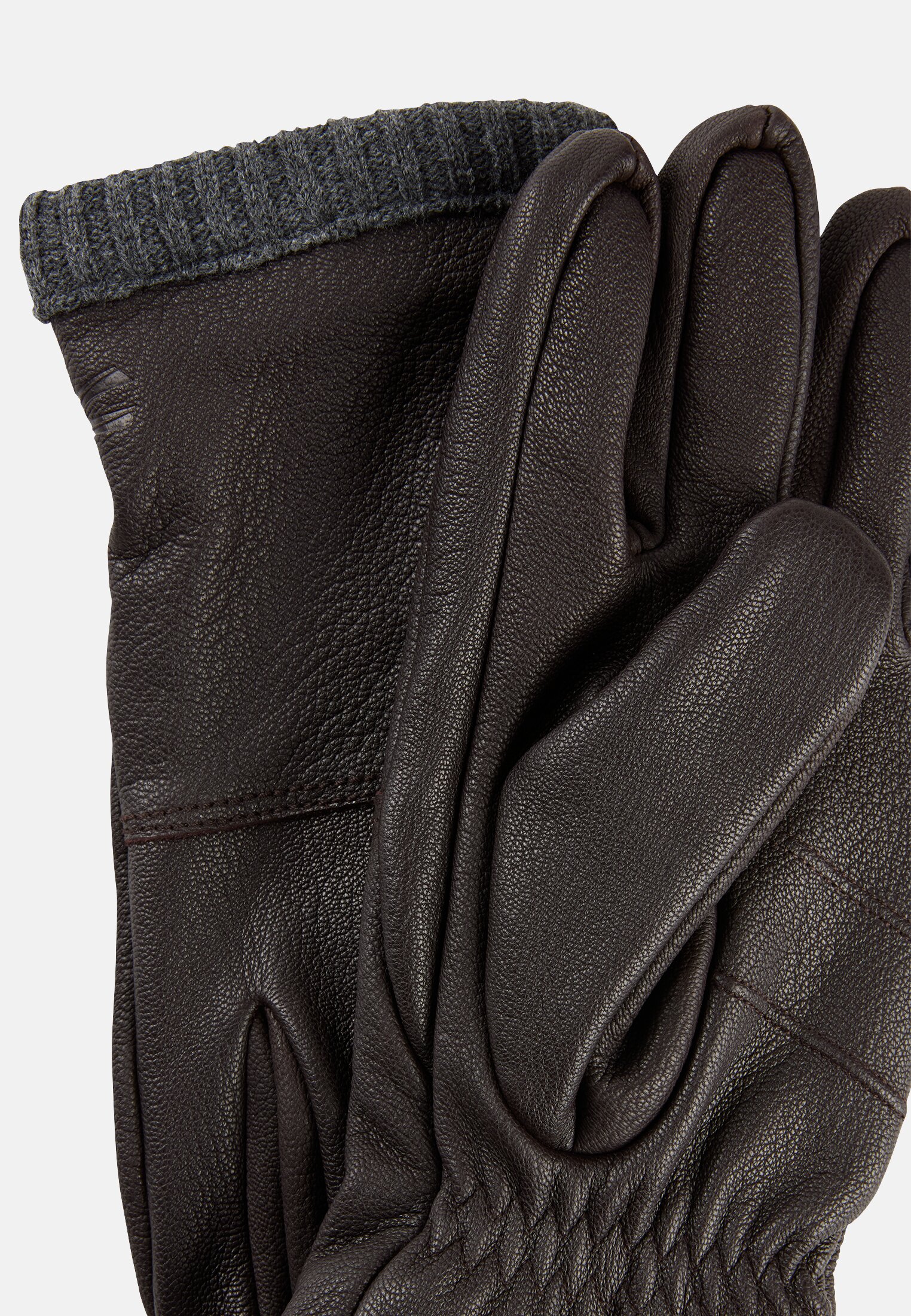 Herren Lederhandschuhe mit elastischen Bündchen und wärmendem Futter Dunkelbraun vorne nah