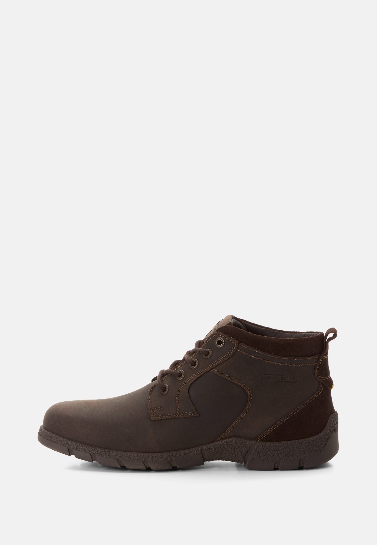 Seitenansicht eines braunen Boots aus Leder mit Schnürung und hohem Schaft.