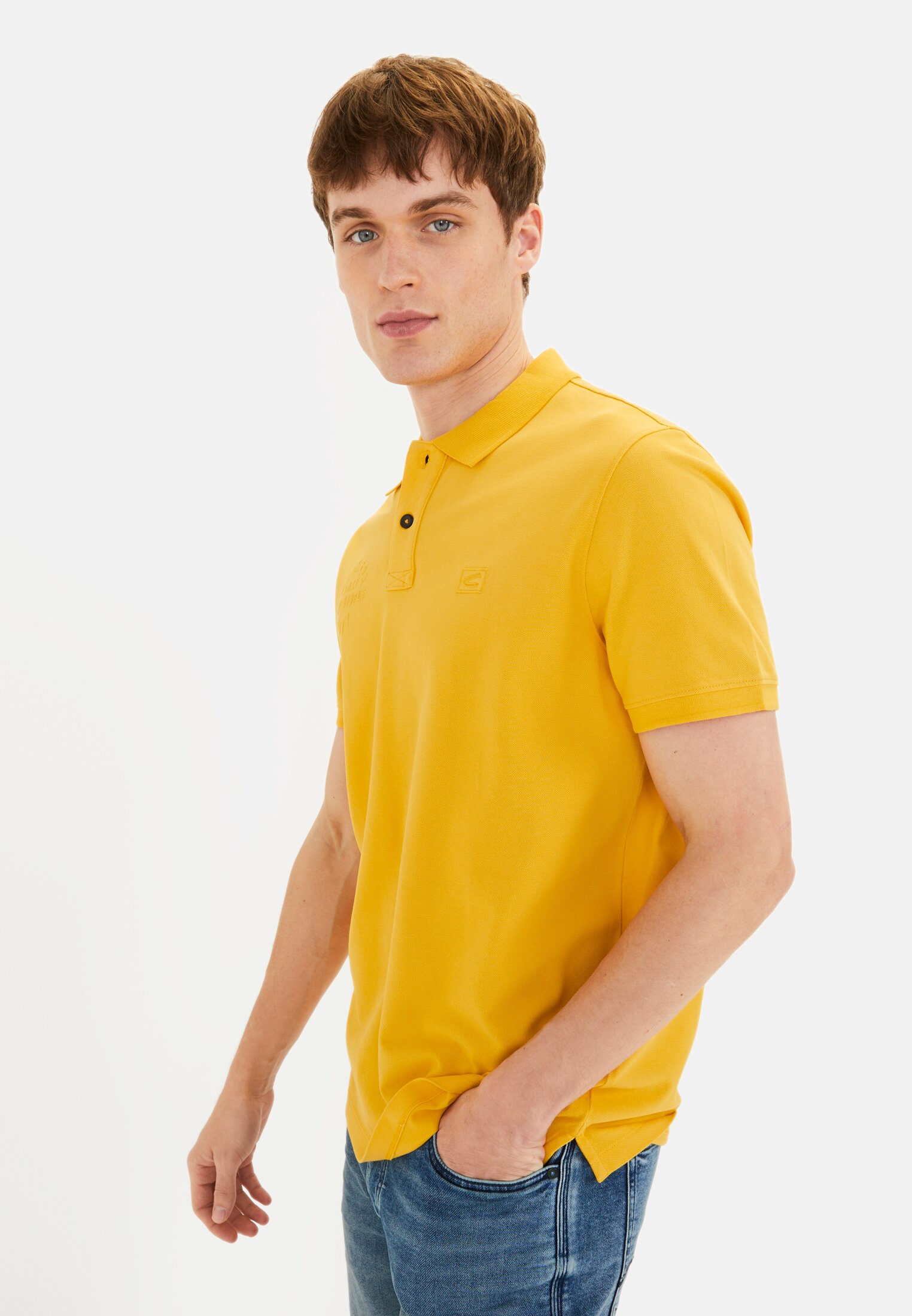 Herren Kurzarm Poloshirt aus Baumwolle Orange getragen vorn