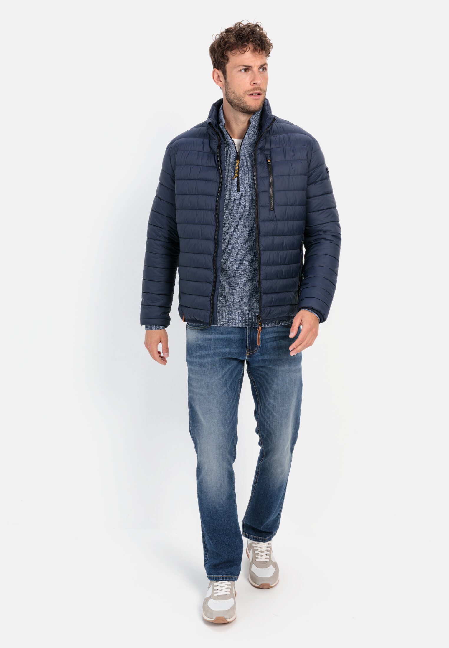 Men Downfree quilted jacket from recycled polyester Dark Blue worn front full body
