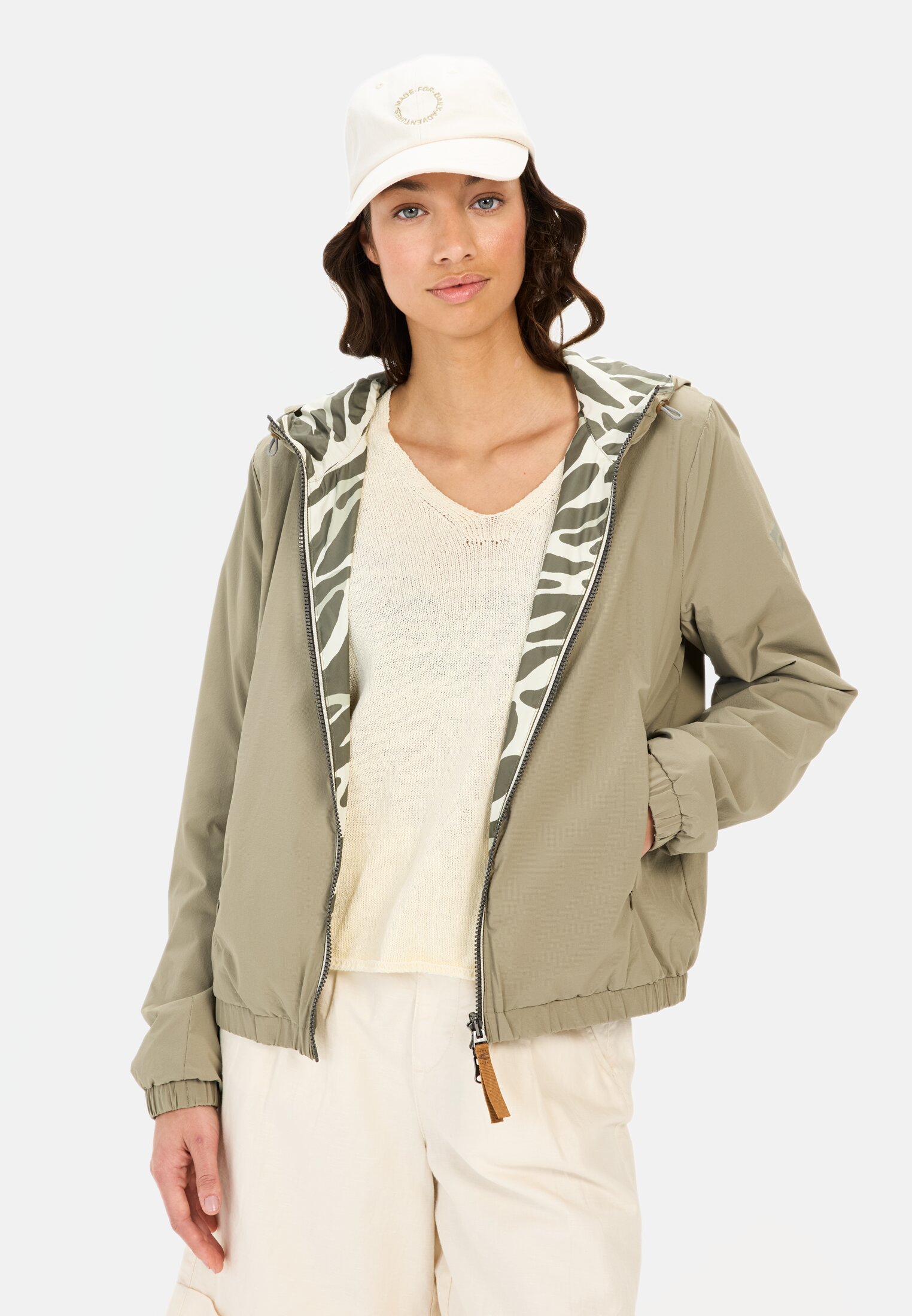 Women Reversible jacket with all-over print and solid-colored side Sage worn front