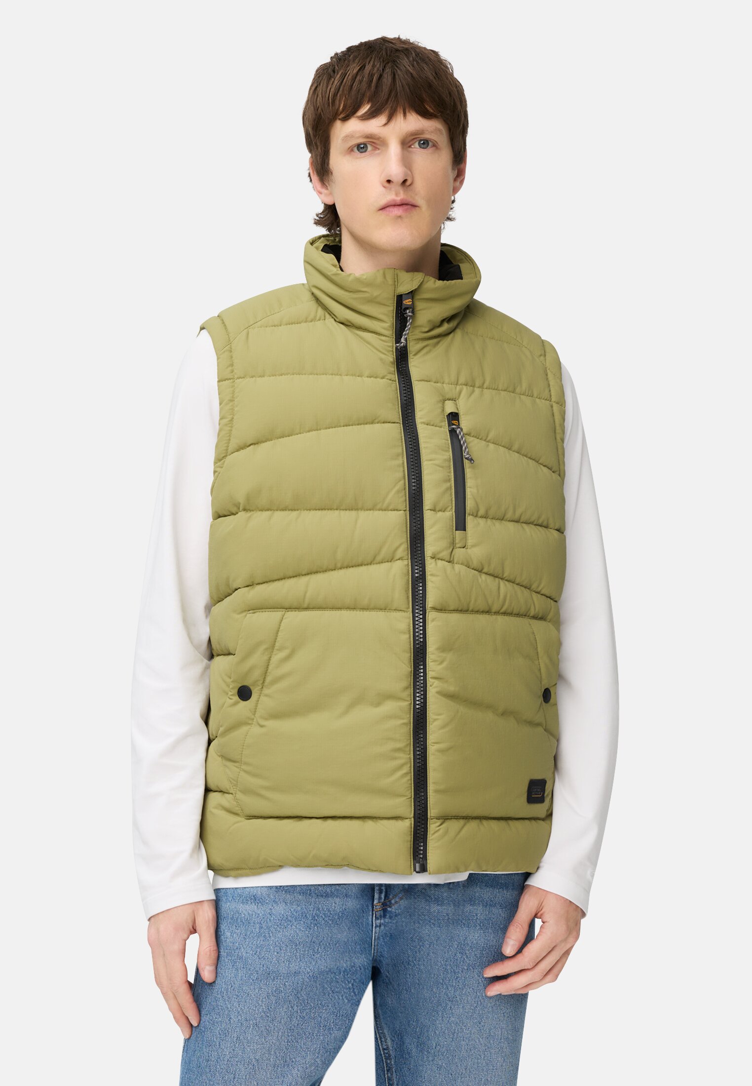 Men Vest with a stand-up collar Moss stone worn front