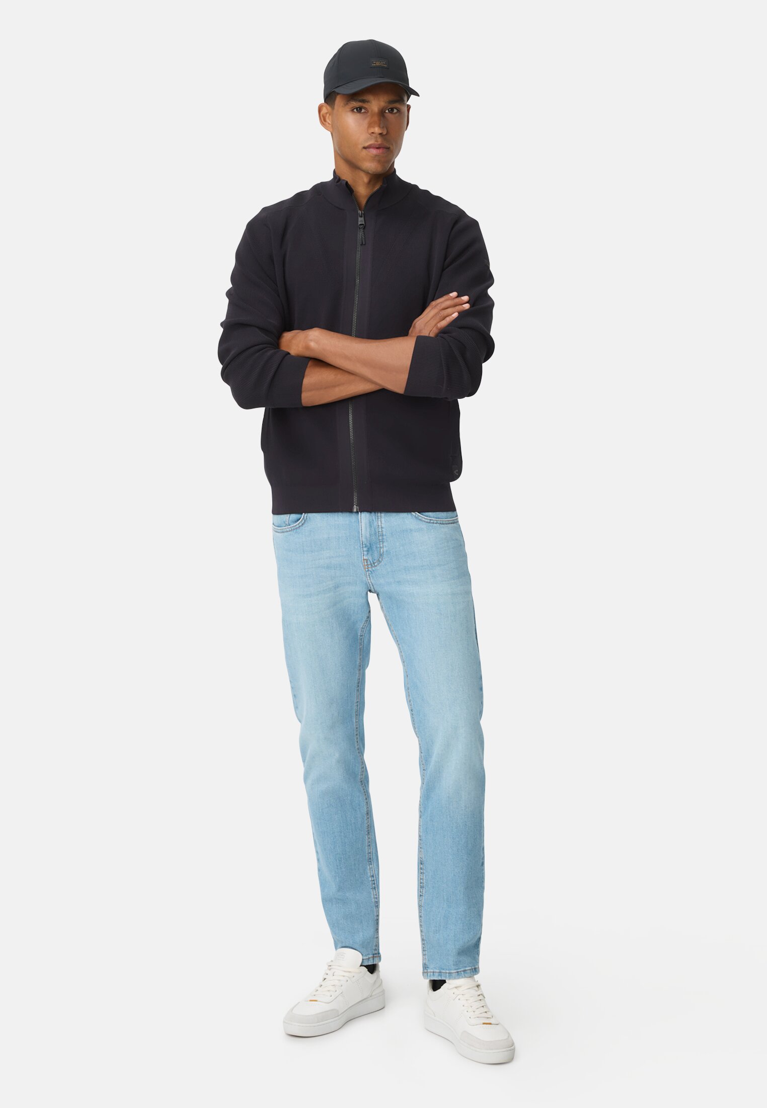 Men fleXXXactive® cardigan made from lightweight material Navy blue worn front full body