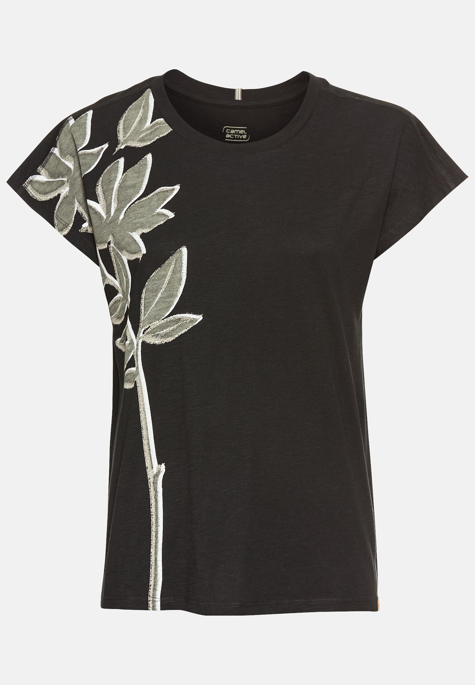 Women T-shirt with floral print made of cotton Black frontal front