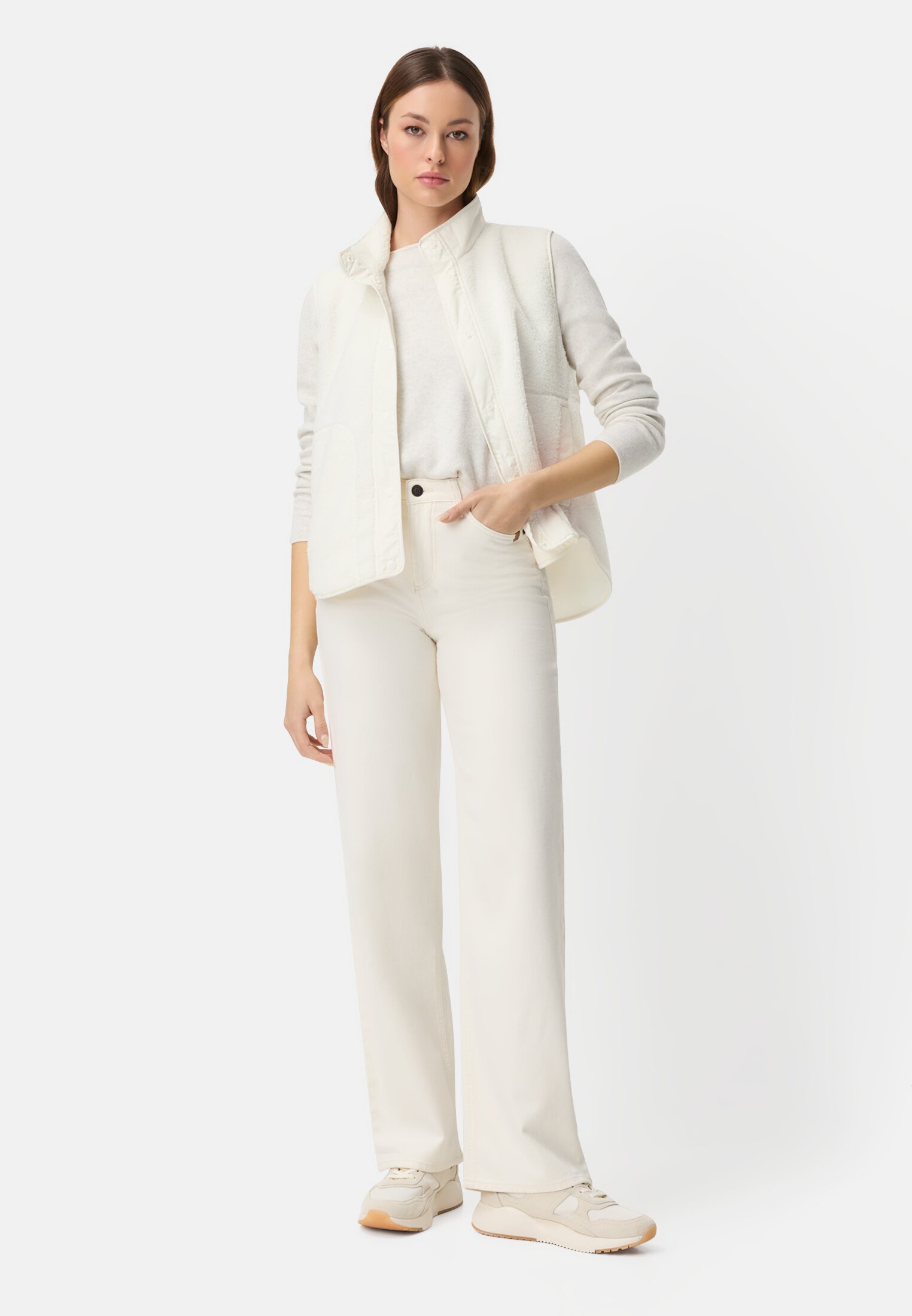 Vrouwen Teddyvest met opstaande kraag Melkwit gedragen voor lichaam compleet 