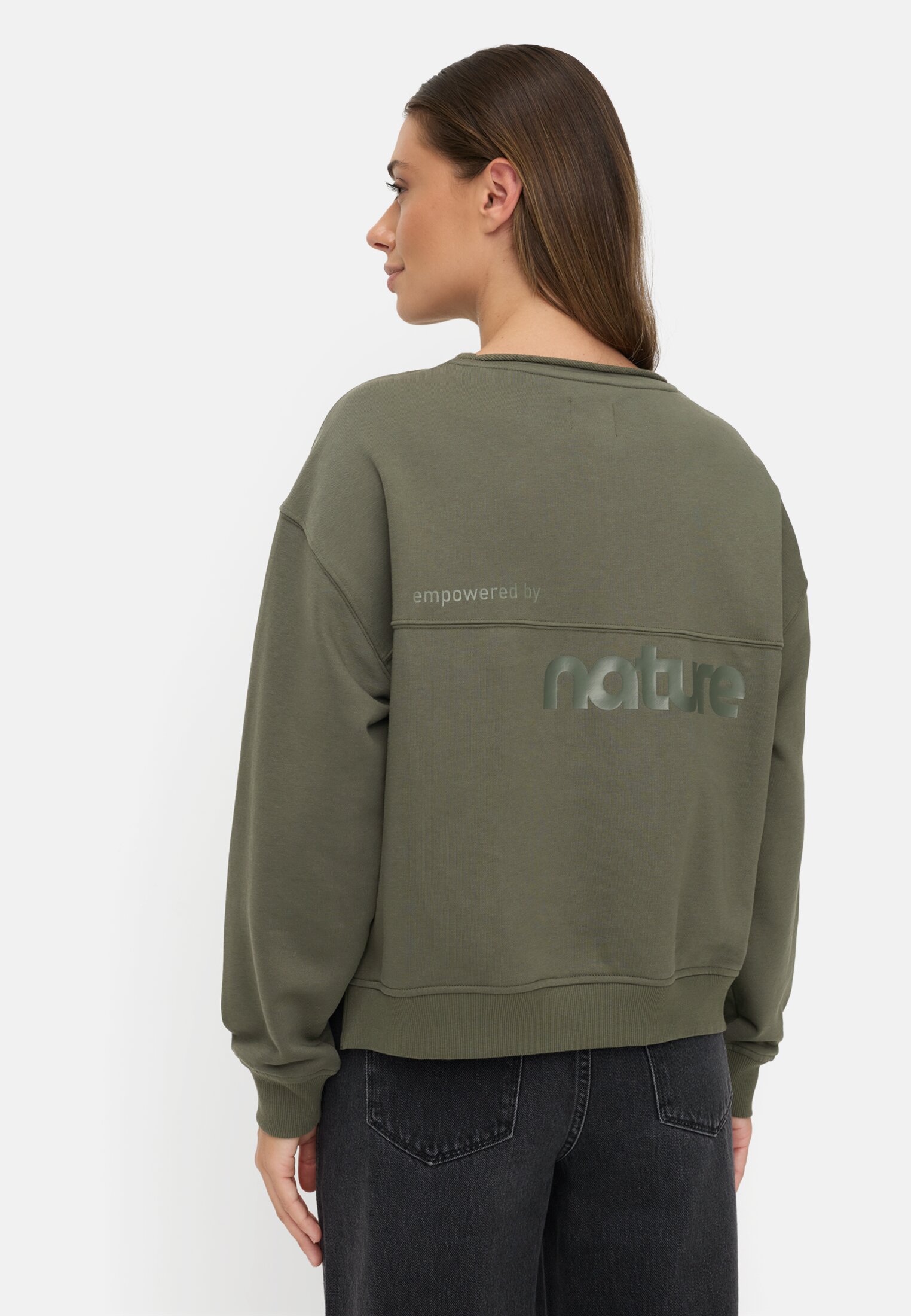 Damen Sweatshirt aus Baumwollgemisch Dunkelgrün getragen hinten
