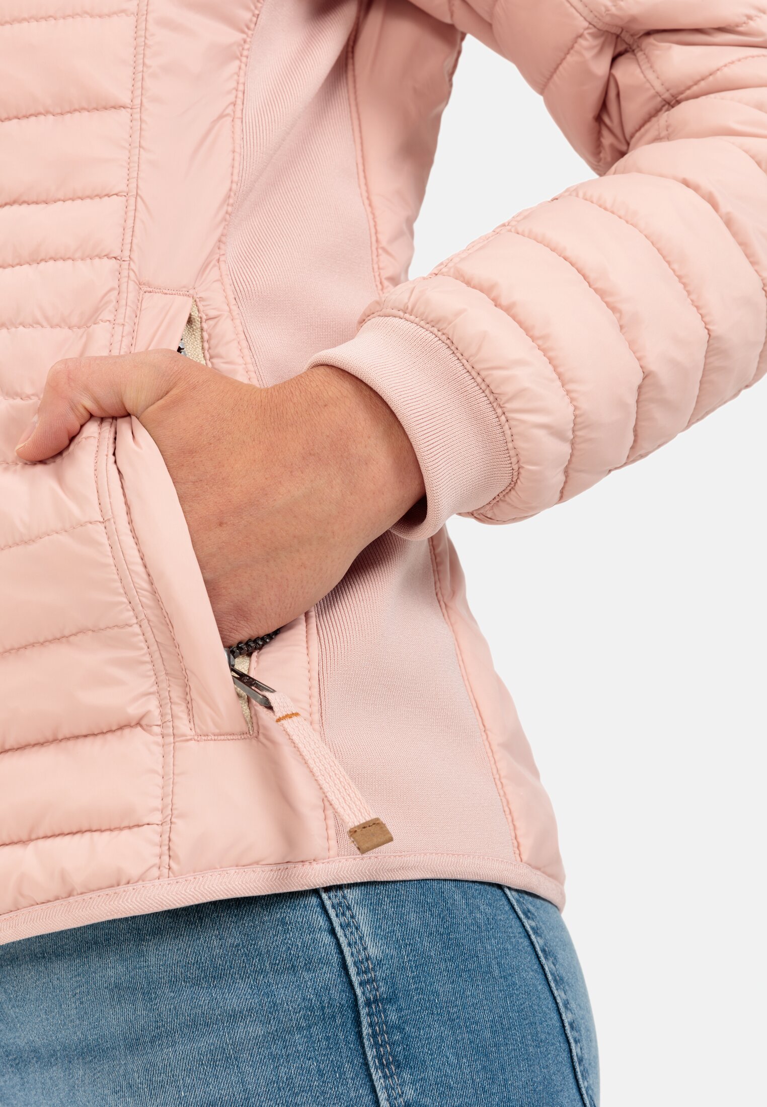 Women Lightly padded quilted jacket from recycled polyamide Rose worn detail close