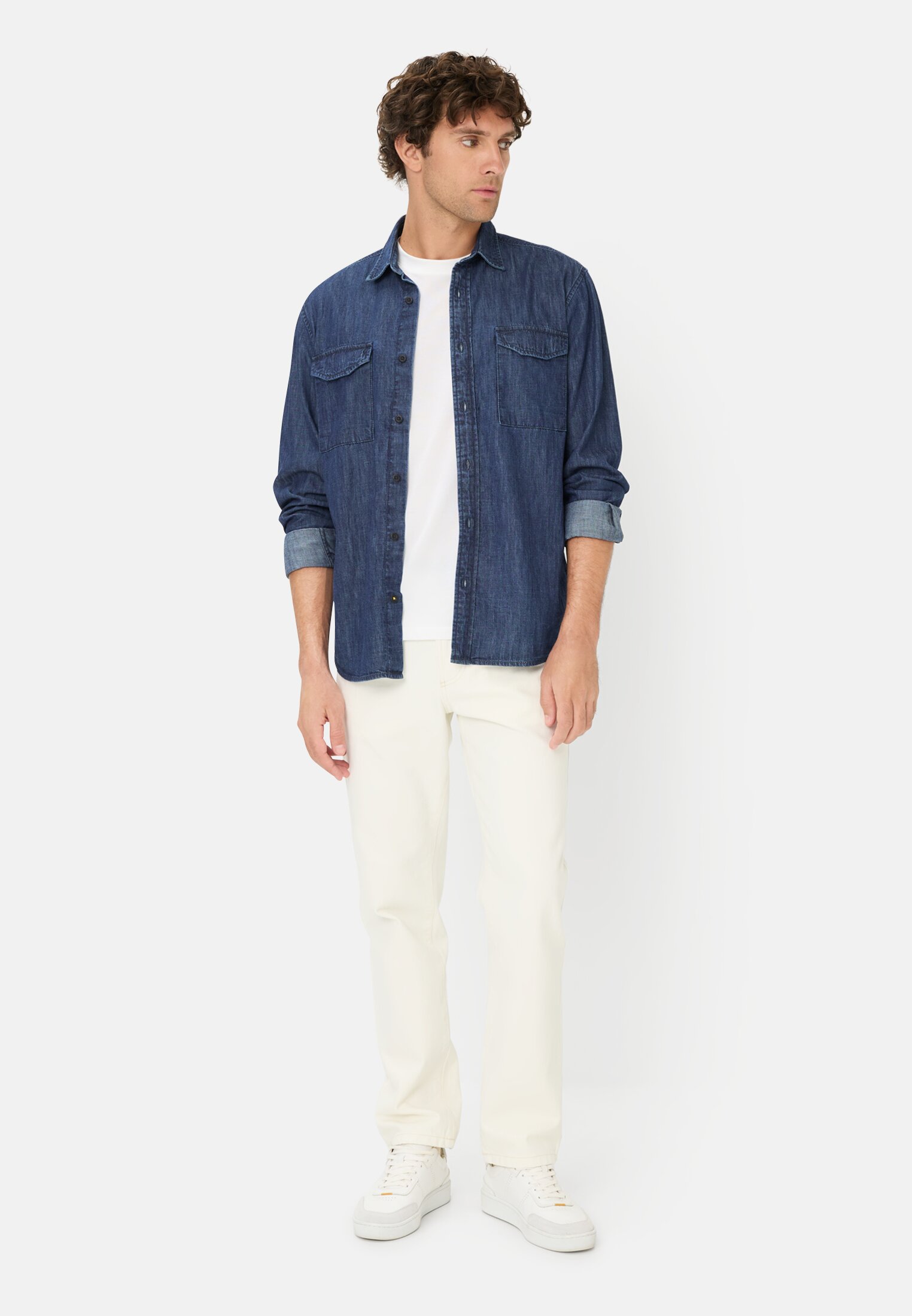 Heren Overhemd met lange mouwen in spijkerlook Donker blauw gedragen voor lichaam compleet 