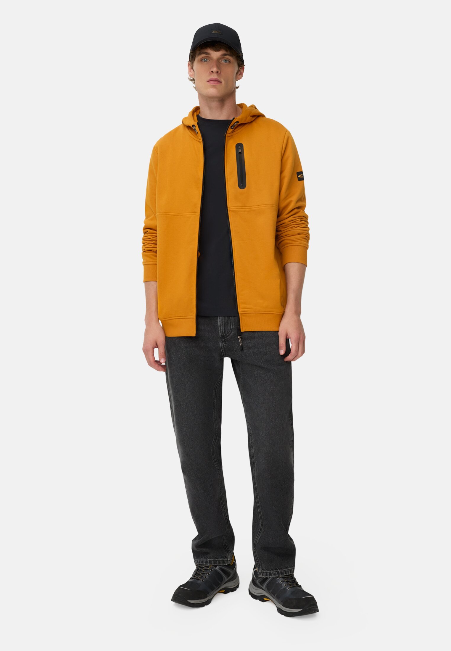 Men Sweat jacket with hood Yellow worn front full body
