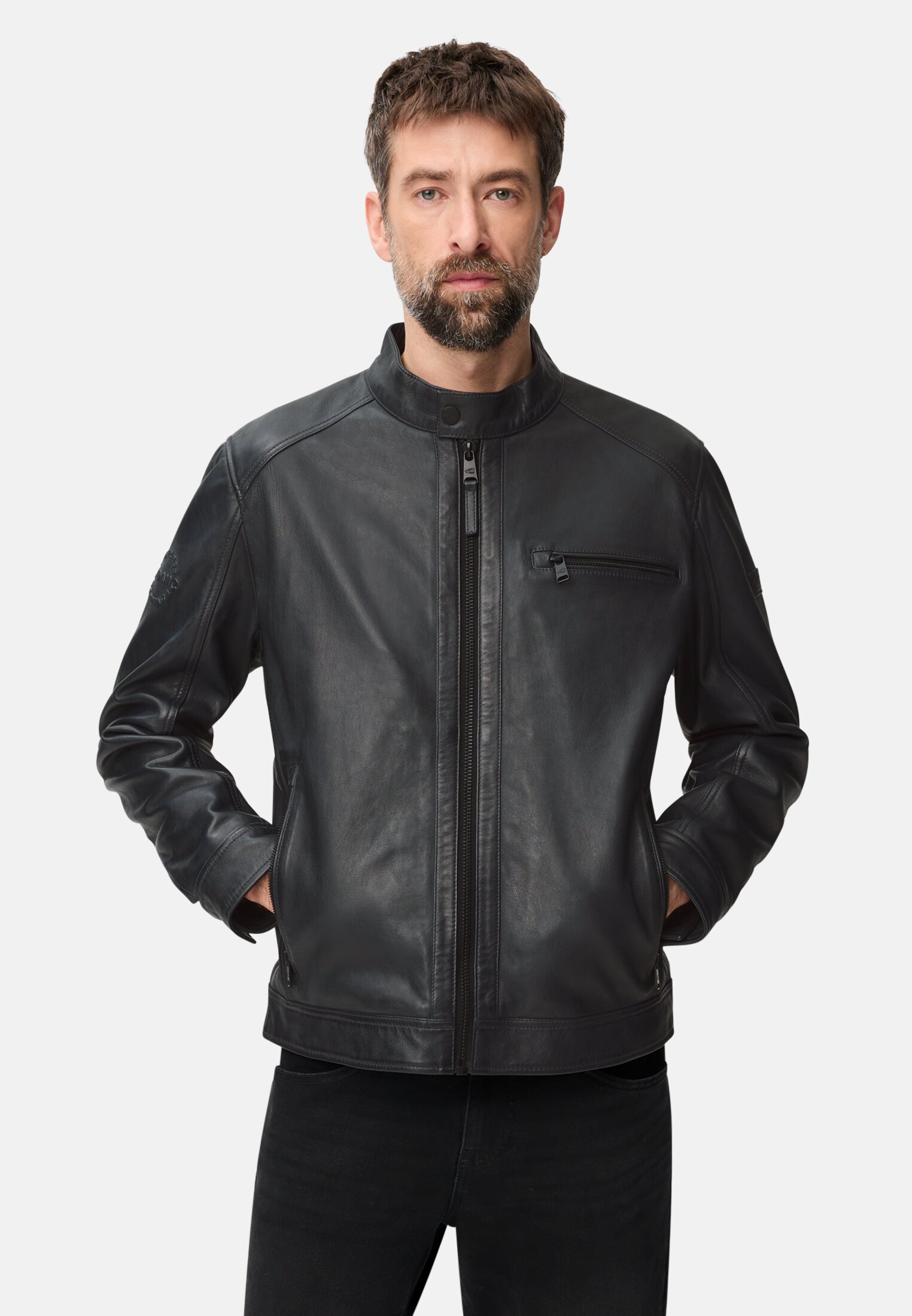 Herren Biker Lederjacke mit Innentaschen Nachtblau getragen vorn