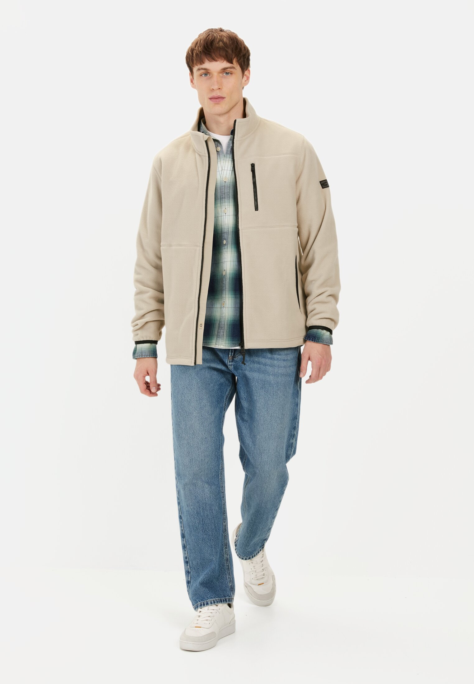 Men Fleece jacket with stand-up collar Beige worn front full body