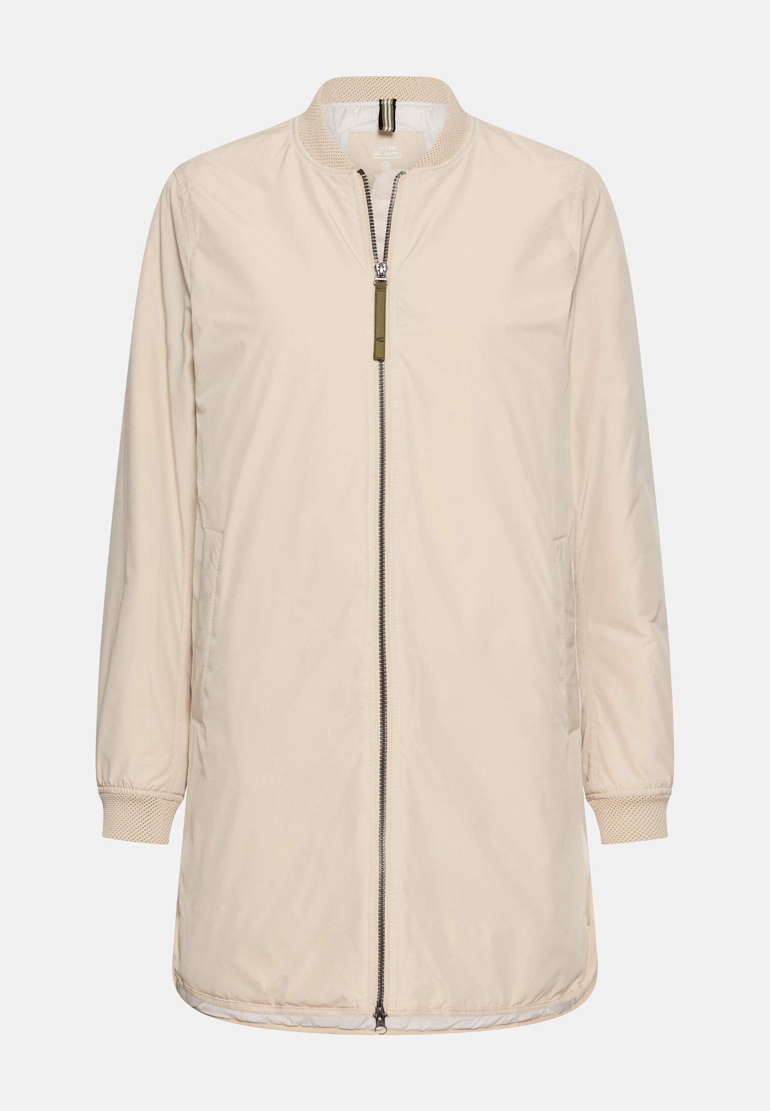 Damen Wasserabweisender Mantel mit verstellbarer Kapuze und Stehkragen Hellbeige frontal vorn