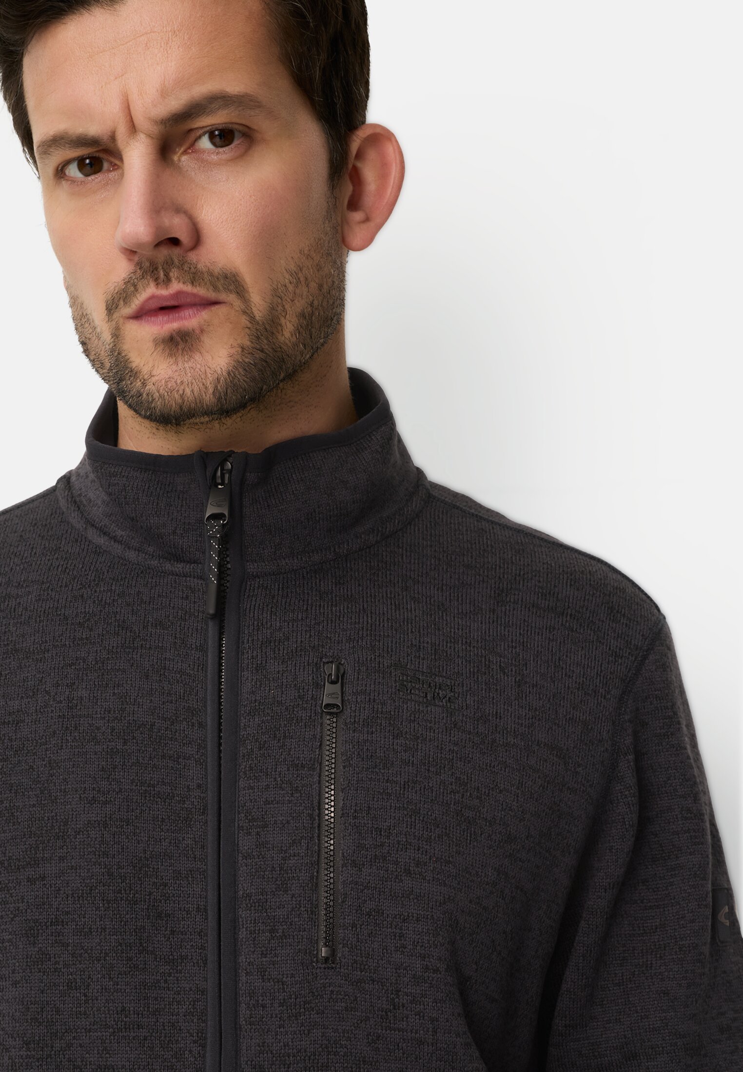 Men Cardigan with stand-up collar Navy blue worn detail close