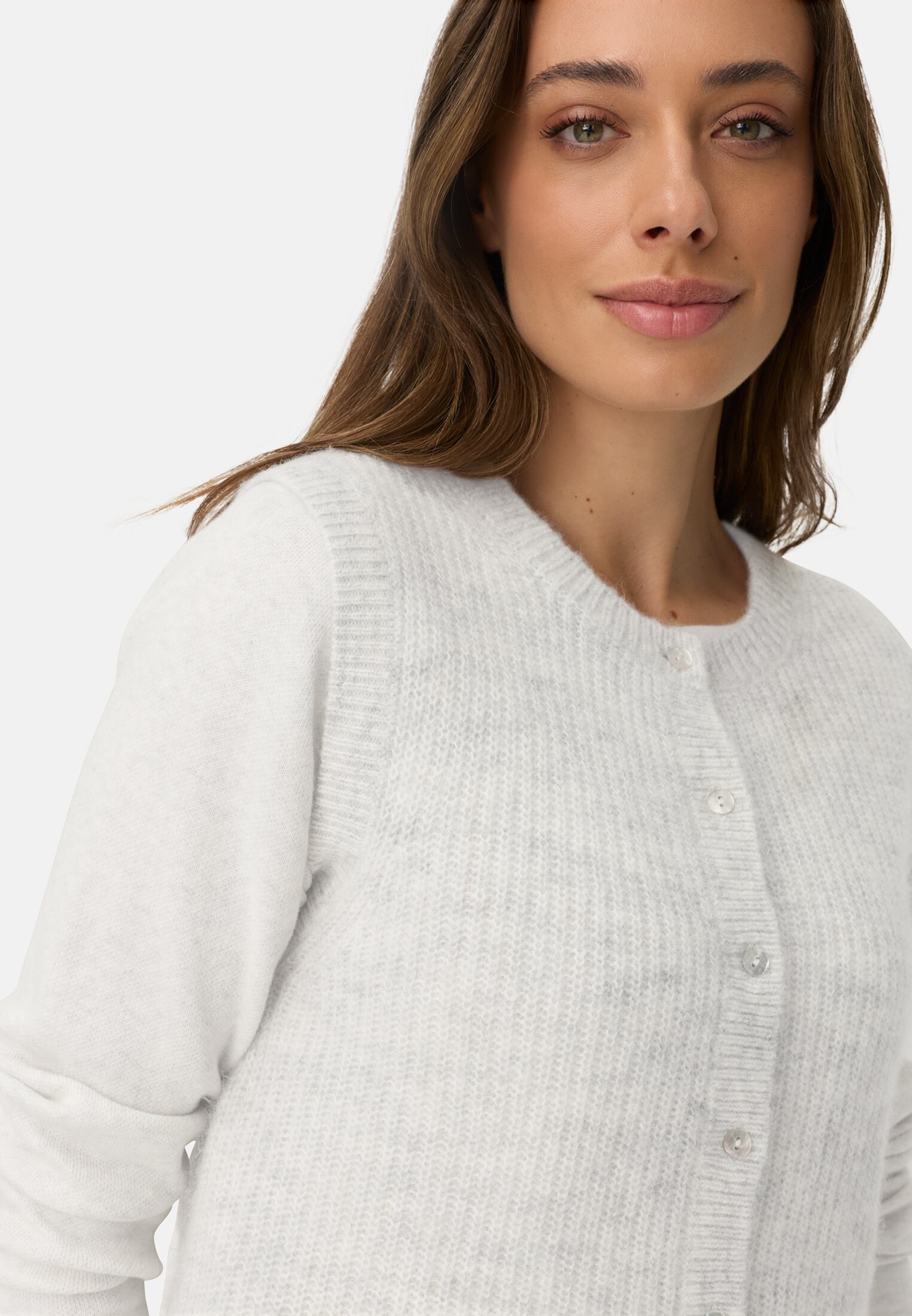 Women Knitted vest with button placket Grey worn detail close
