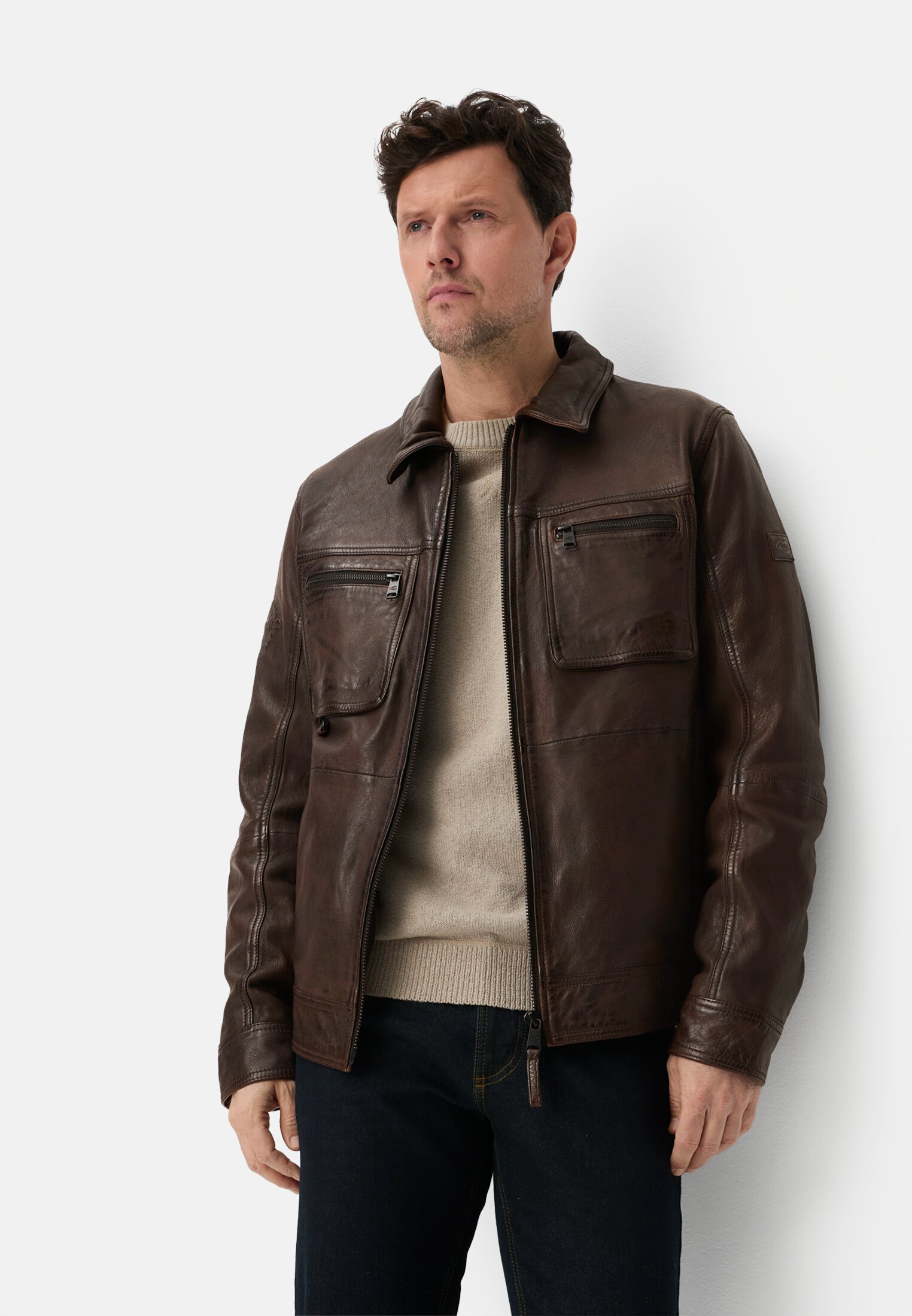 Men Pilot leather jacket with inside pockets Brown worn emotional