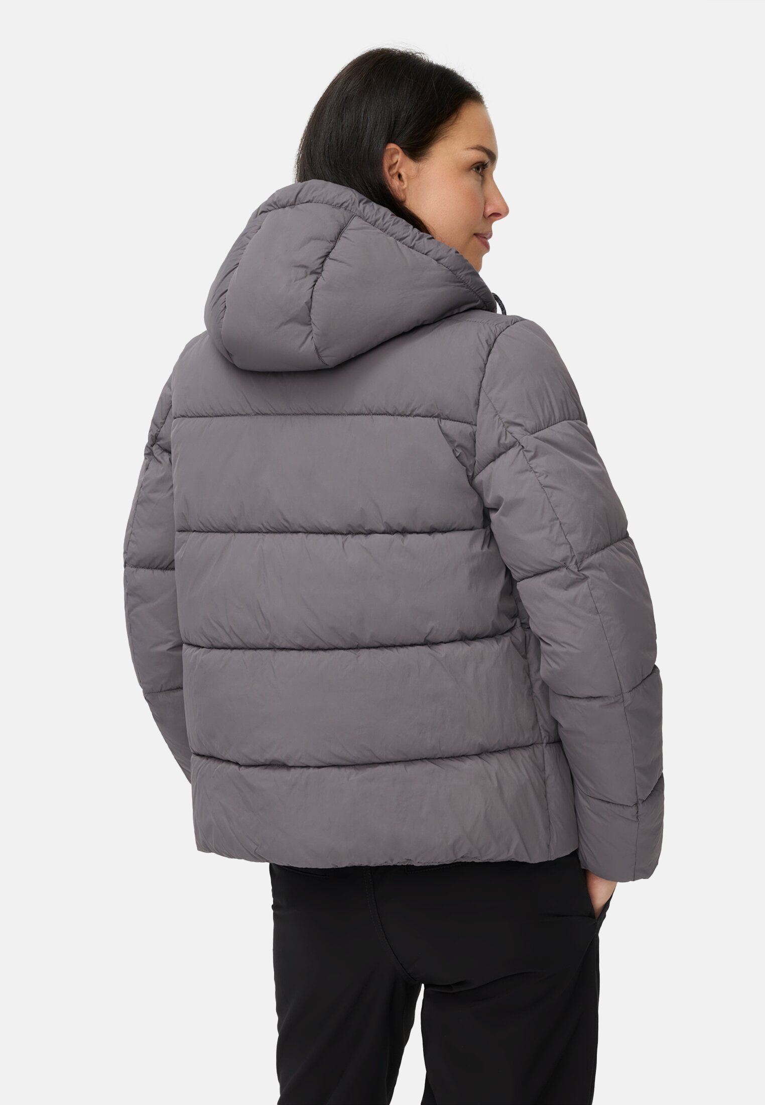Damen Pufferjacke mit Kapuze Schiefer getragen hinten