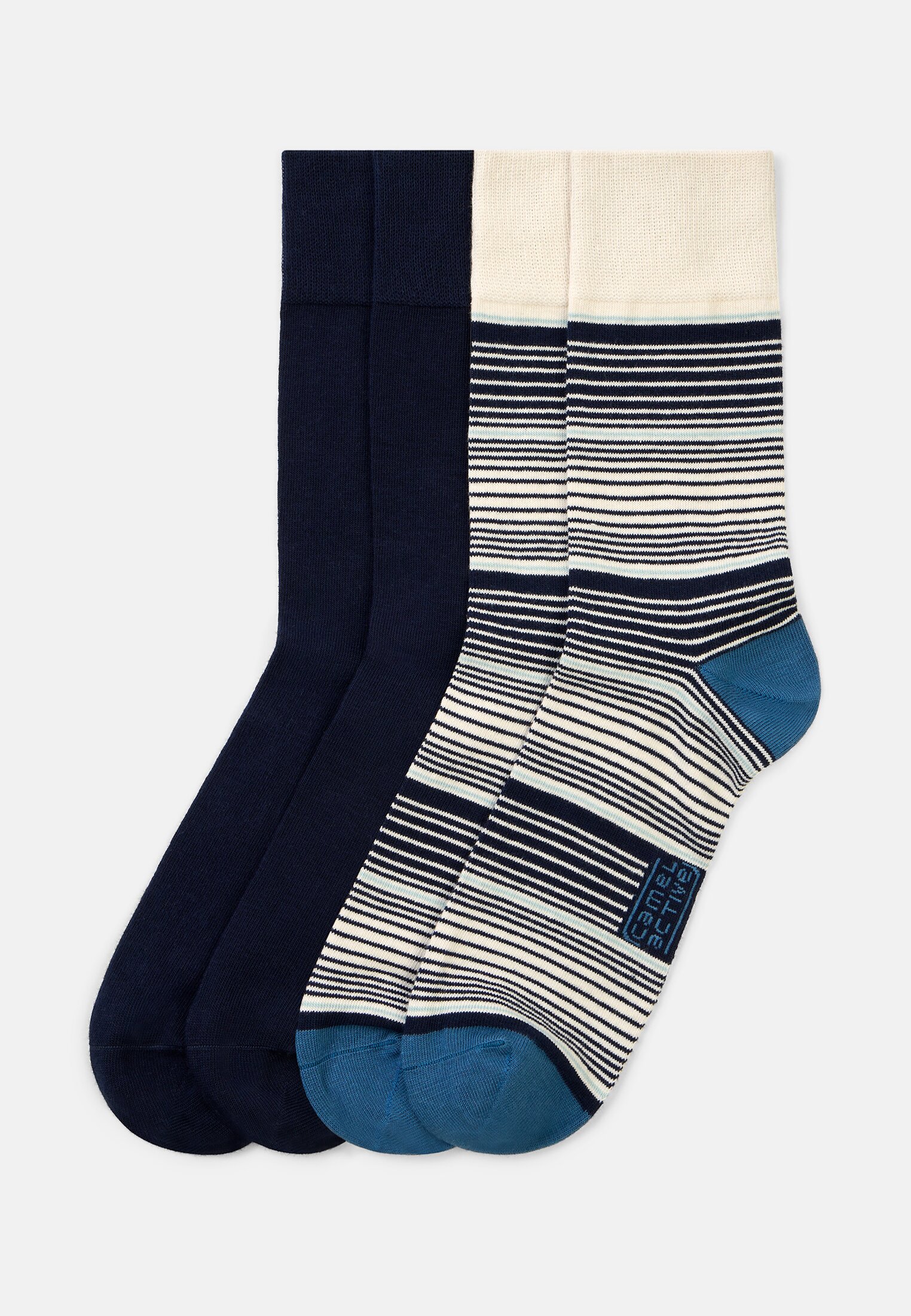 Heren Set van 2 sokken met gestreepte en effen patronen Blauw frontaal voor