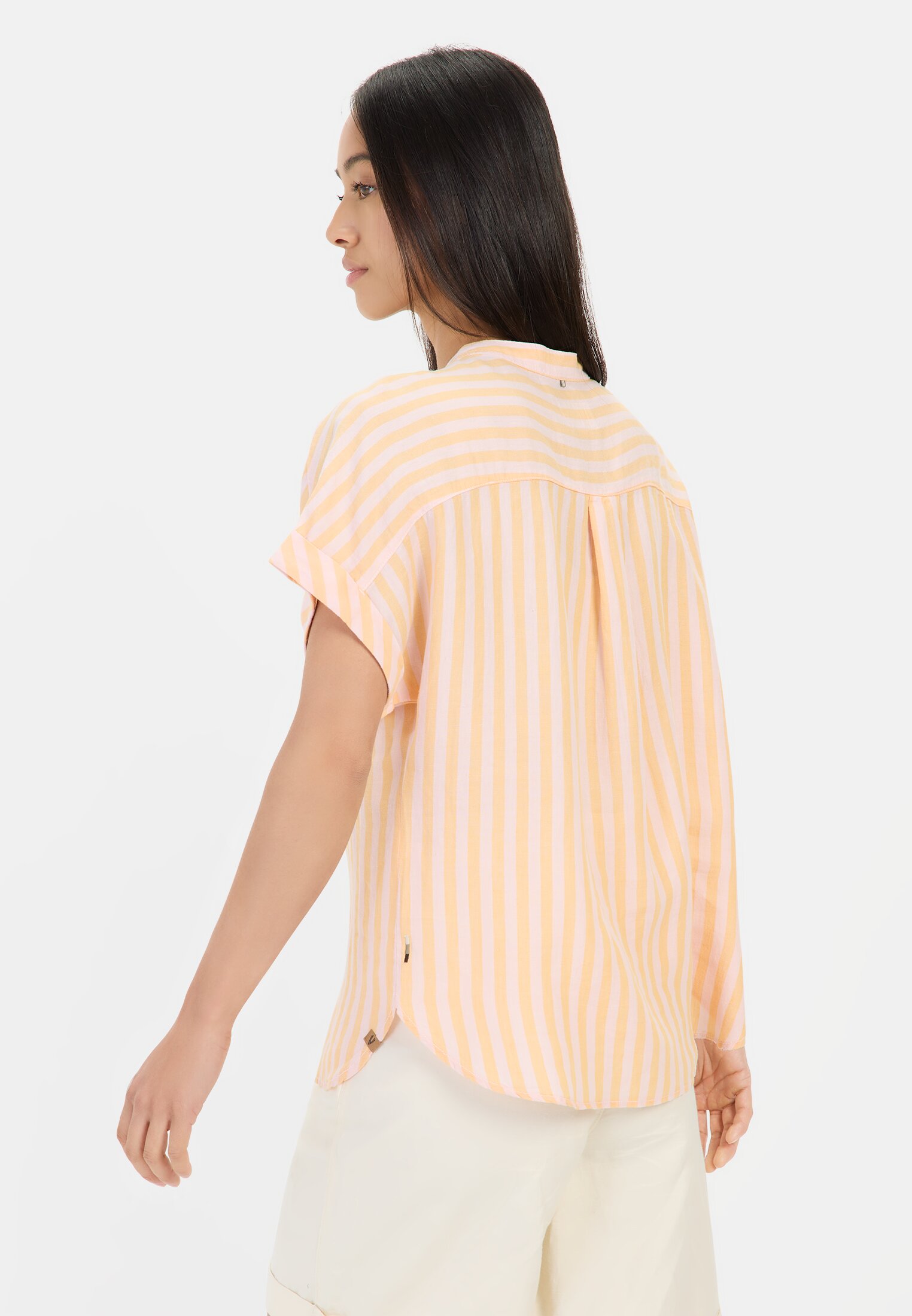 camelactive_Bluse_Stripes_309825-5S21-52_M2 Women Striped blouse made of linen-lyocell blend Orange worn back