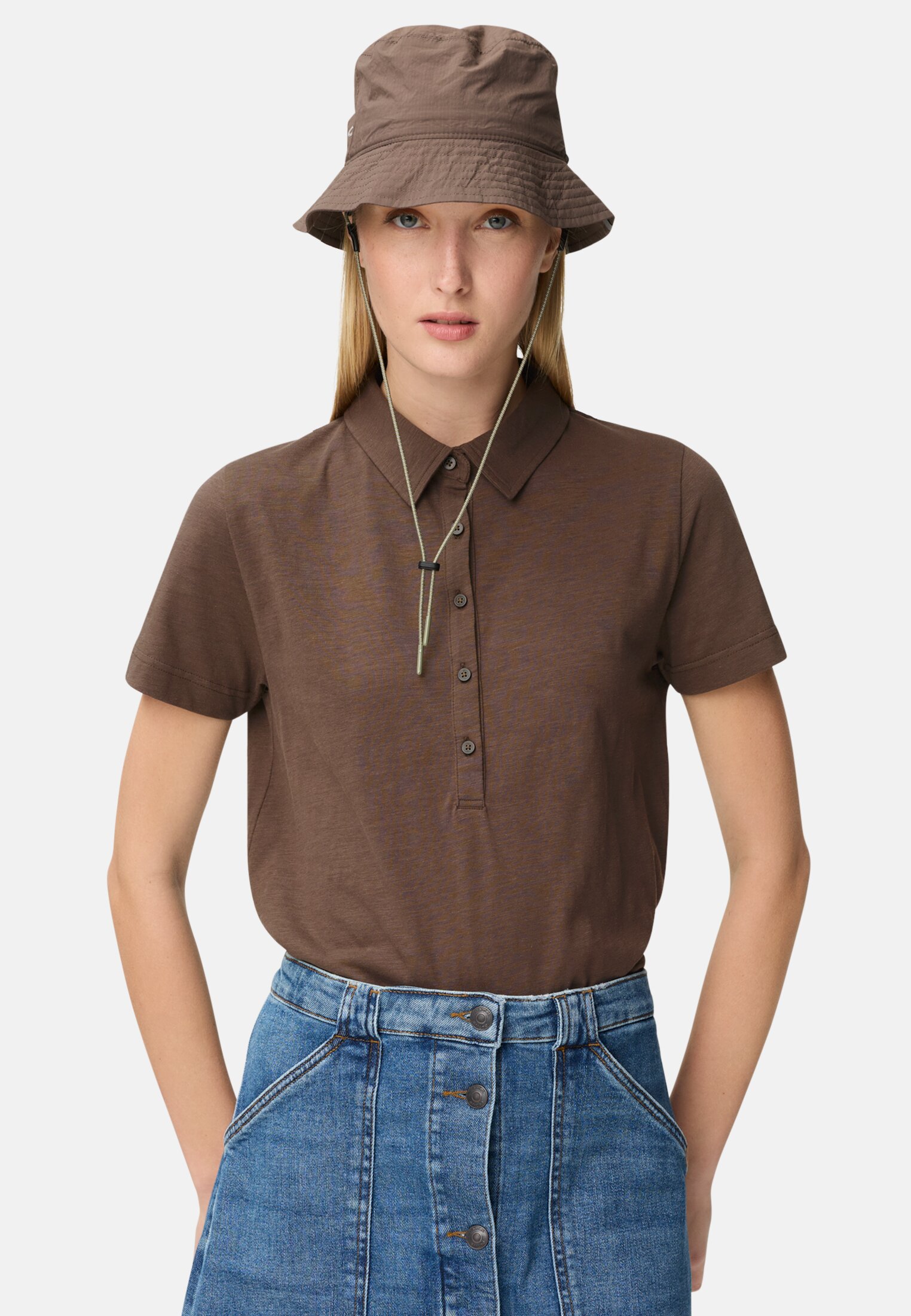 Women Polo shirt with button placket Brown worn front