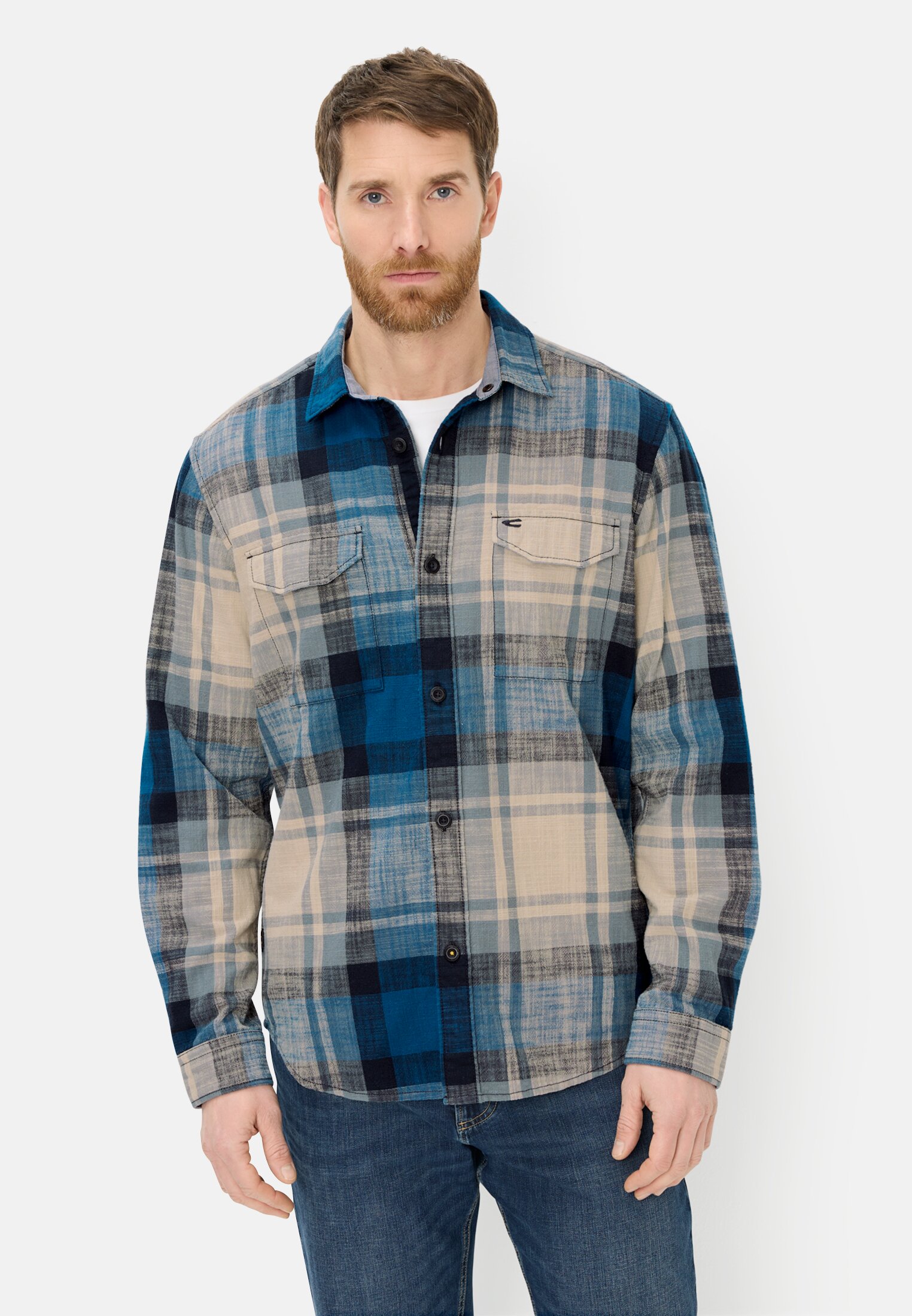 Herren Lässiges Langarmhemd aus reiner Baumwolle Blau getragen vorn