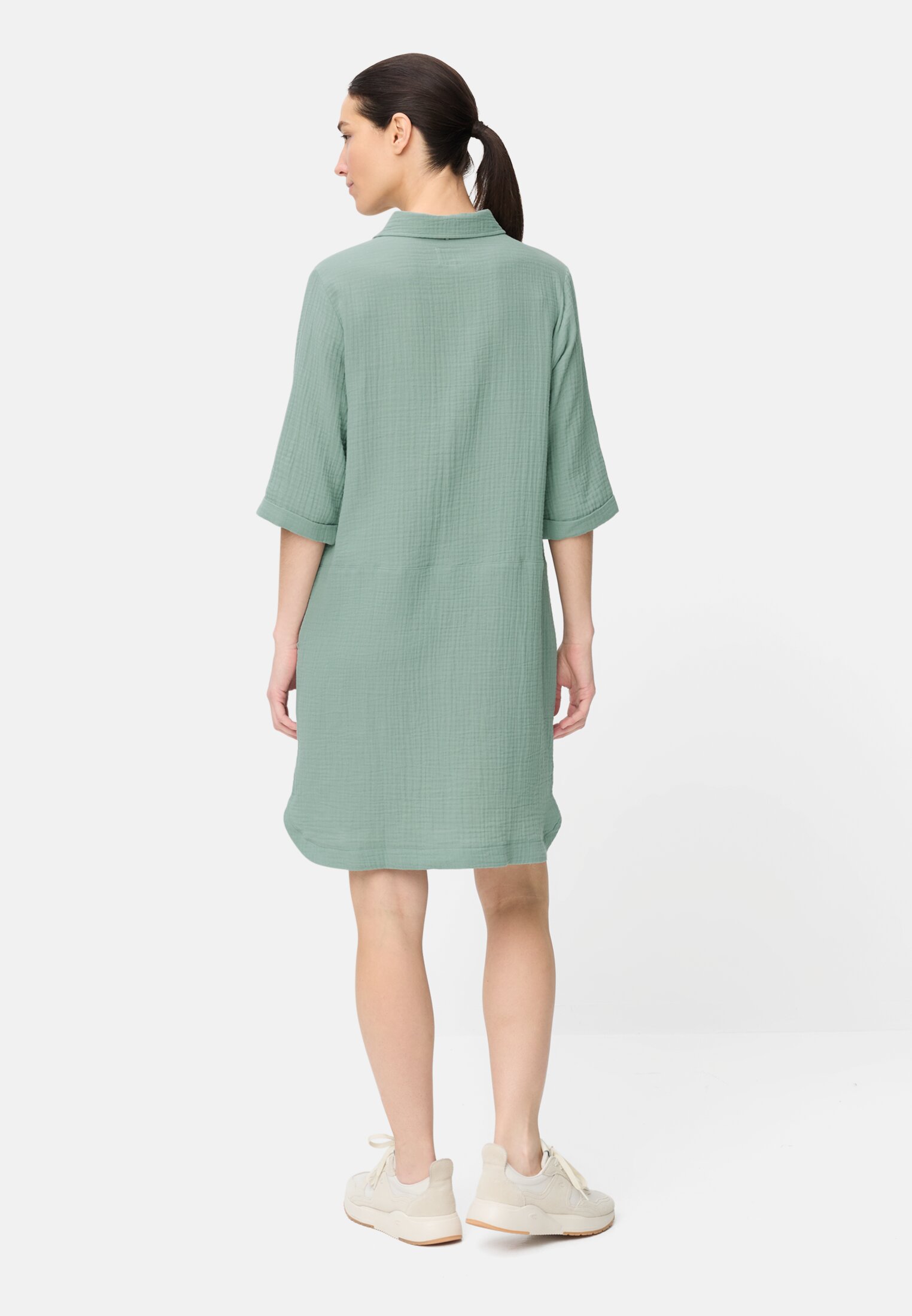 Women Summer dress with button placket Jade Blue worn back