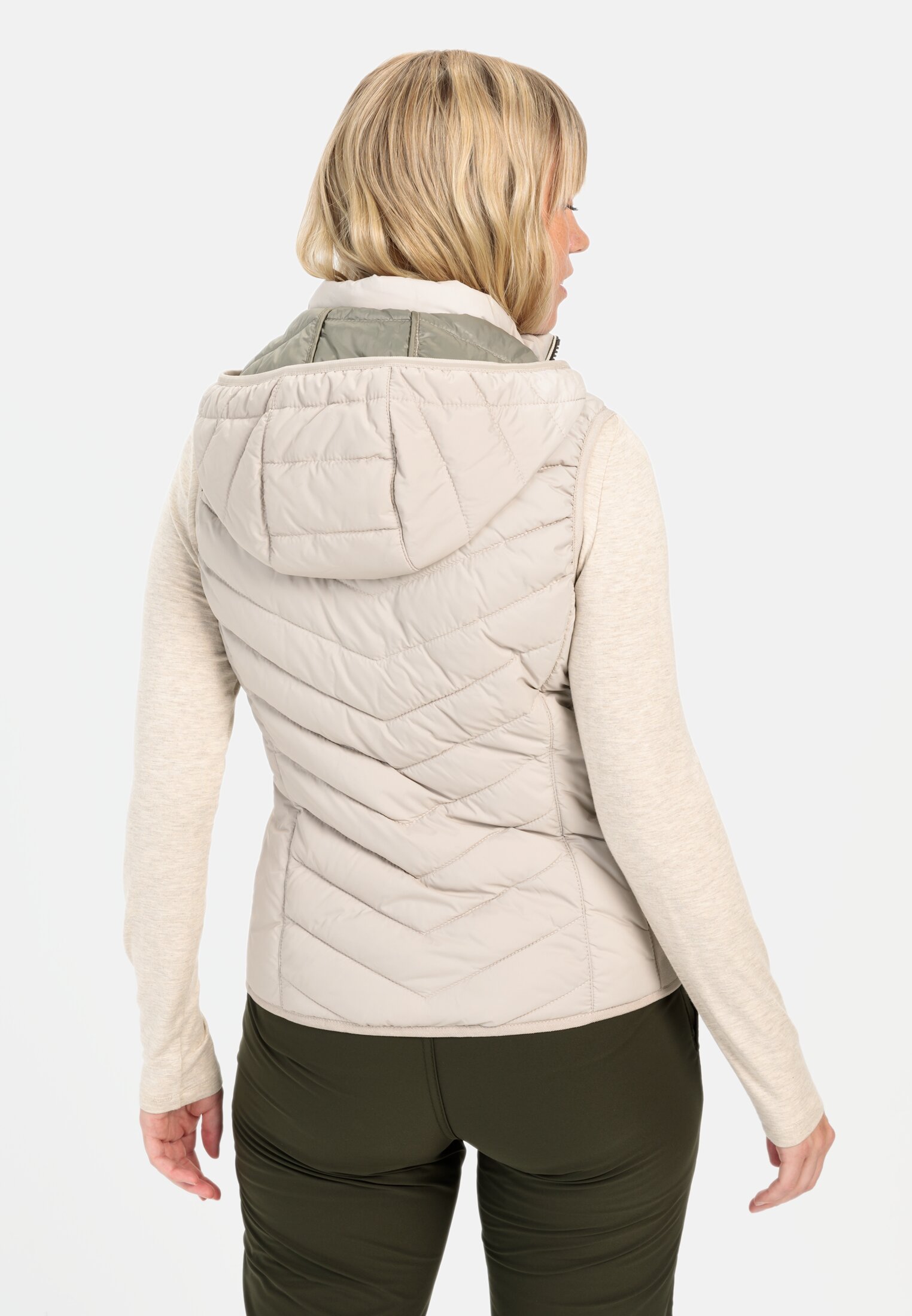 Women Quilted vest made from recycled polyester Beige-Grey worn back