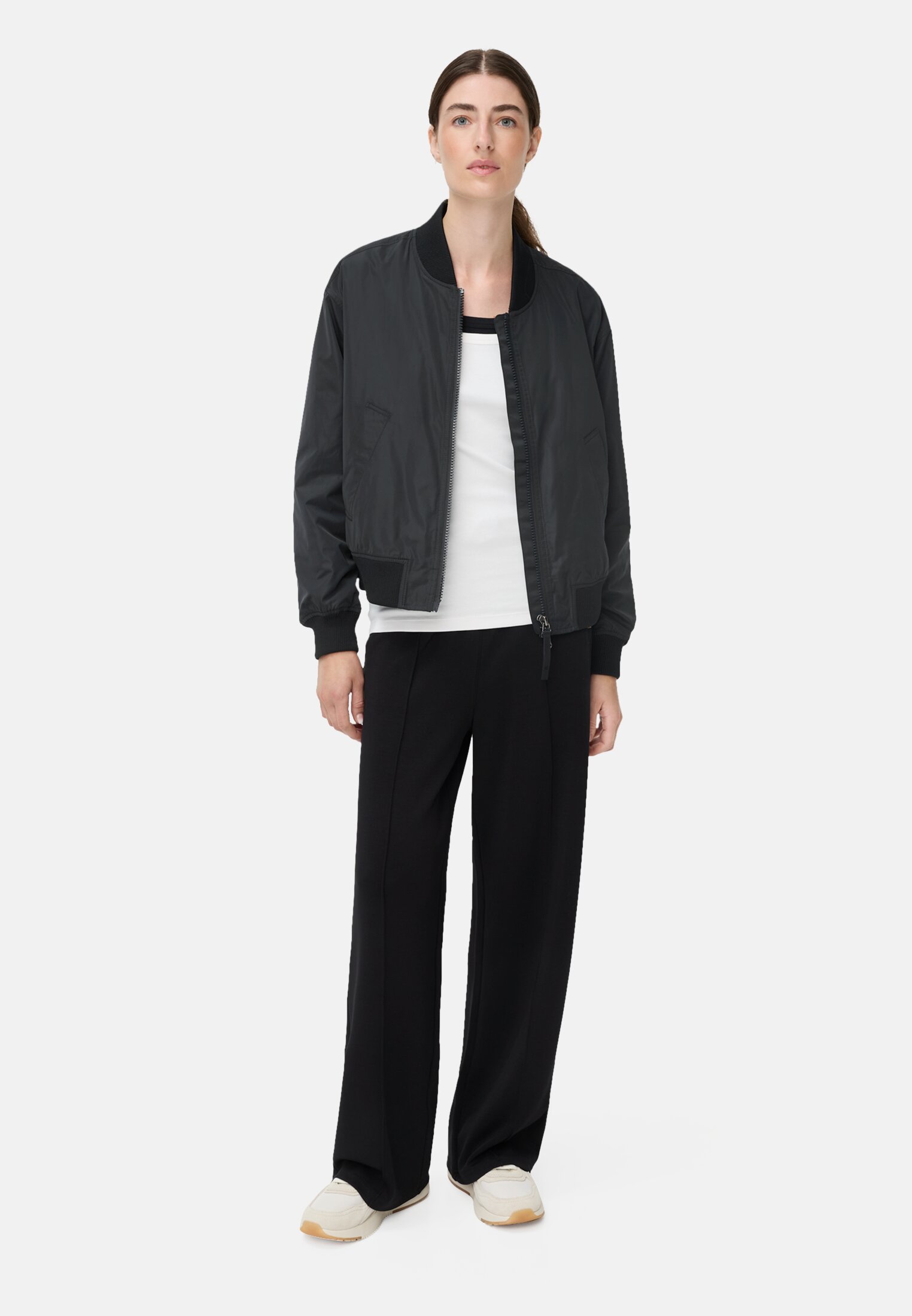Women Bomber jacket with 2-way zipper Black worn front full body
