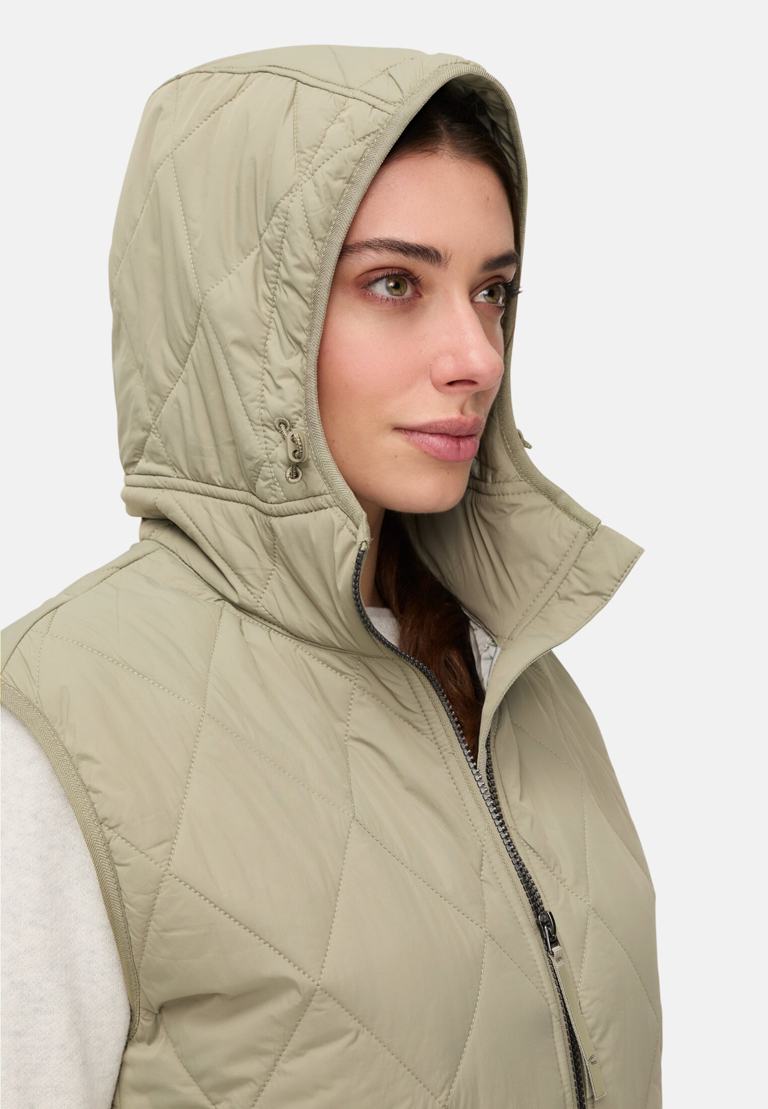 Damen Lange Weste mit Kapuze Salbei getragen detailliert nah